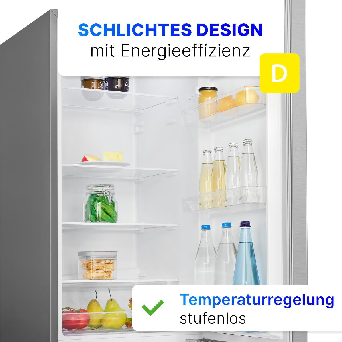 Bomann Kühlschrank mit Gefrierfach | Energieklasse D | 180cm | Kühl Gefrierkombination leise 39 dB | 4 Ablagen & 3 Schubladen | Türanschlag wechselbar | 269L Kühlgefrierkombi | KG 184.2 inox