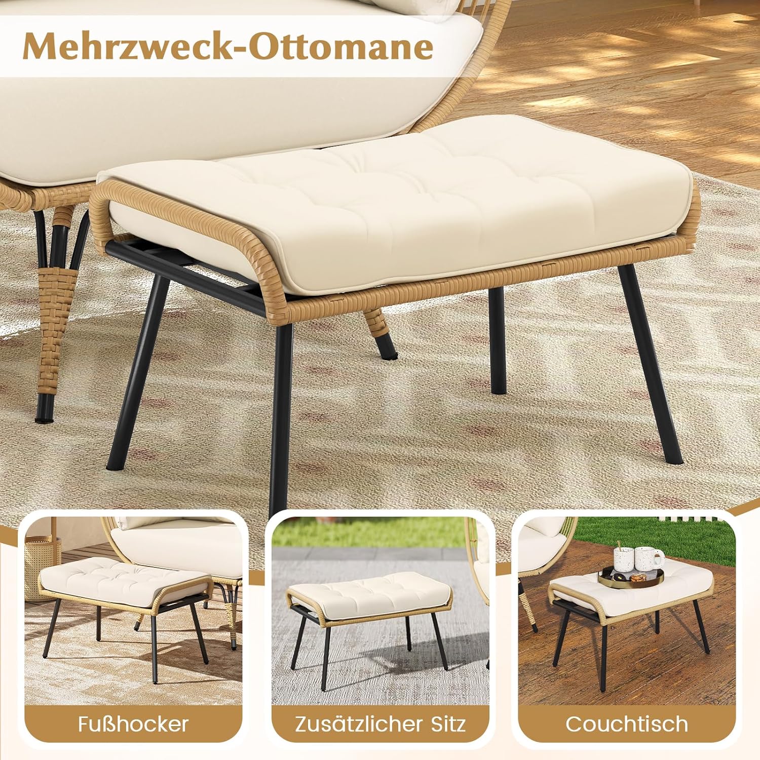 COSTWAY Korbsessel Rattan mit Hocker, übergroßer Gartensessel mit Kissen und Metallgestell, Rattansessel XXL, Loungesessel für Balkon, Garten, Wohnzimmer, Terrasse, Beige