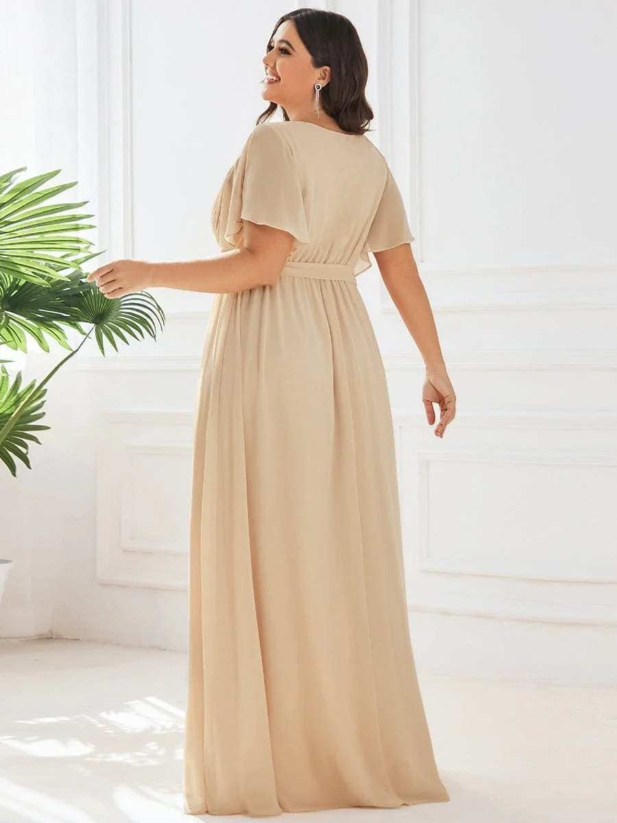 Abendkleid Damen Maxi A-Linie aus Chiffon | Festliches Kleid f��r Hochzeitsg?ste mit V-Ausschnitt und Fl��gel?rmeln