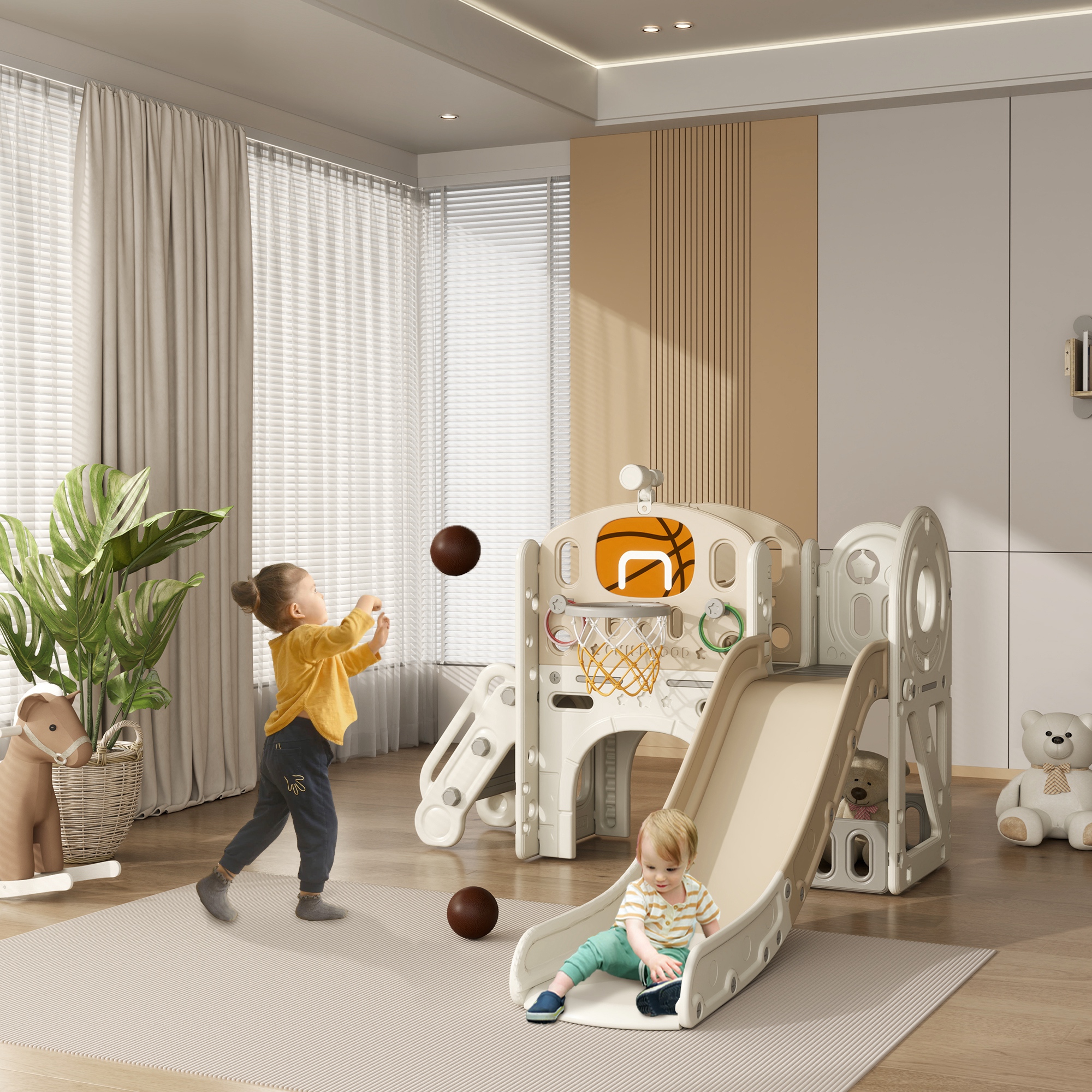 AIYAPLAY Kinder Speeltoestel, 7-in-1 Glijbaan, Binnenspeeltuin met Opslag en Kruipruimte, 186x153x111 cm, Cr��mewit
