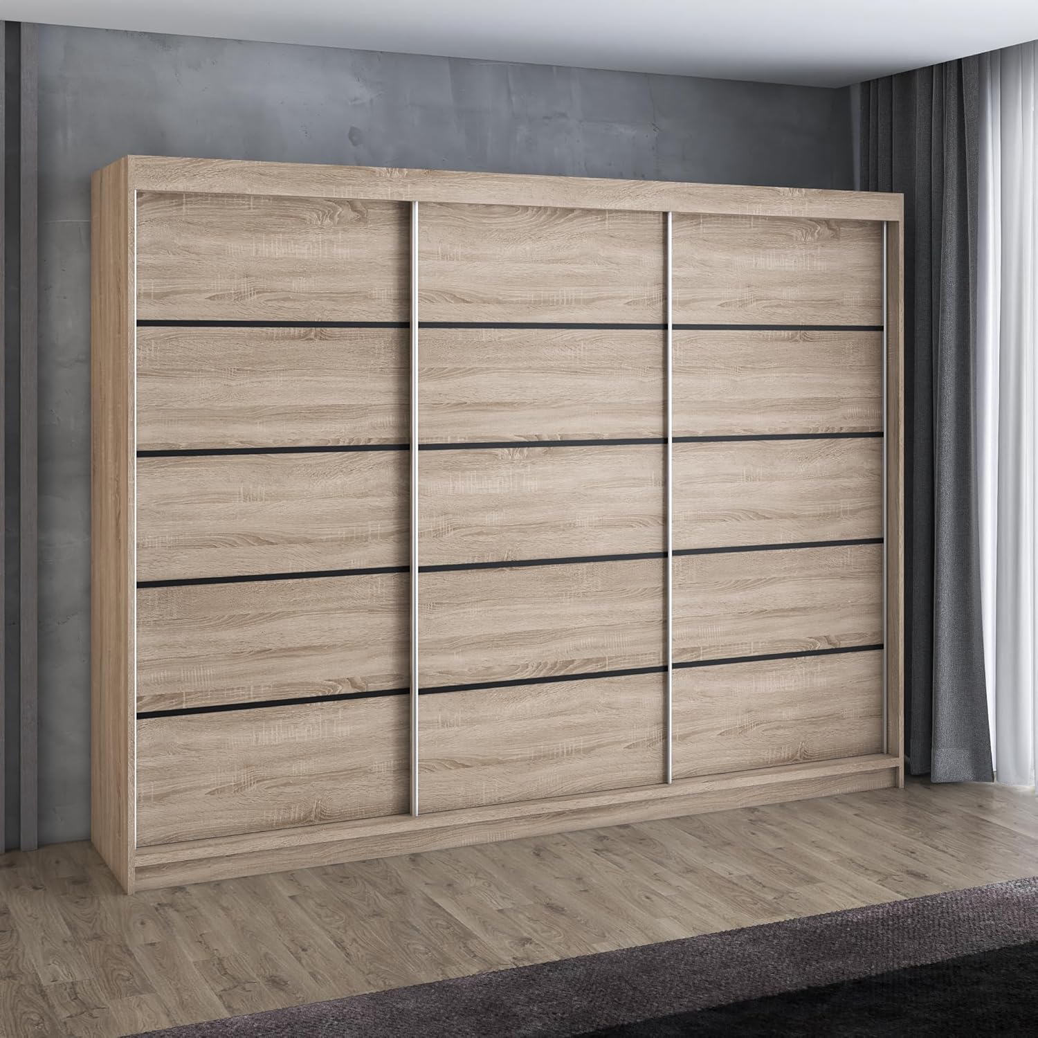 A&J MöbelLand Mero Schwebetürenschrank 200 cm, Kleiderschrank 3-türig mit 4 Schubladen (Sonoma/Sonoma/Sonoma/Sonoma)