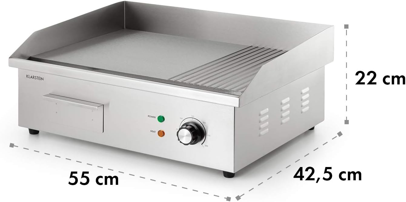 Klarstein Elektrogrill, Grillplatte, Elektrische Grillplatte, Tischgrill, Elektrogrill aus Edelstahl, Spritzschutz & Auffangbehälter, Glatte XL Grillfläche: 54,5x35 cm, Stufenlos 50-300 °C, 3000 Watt