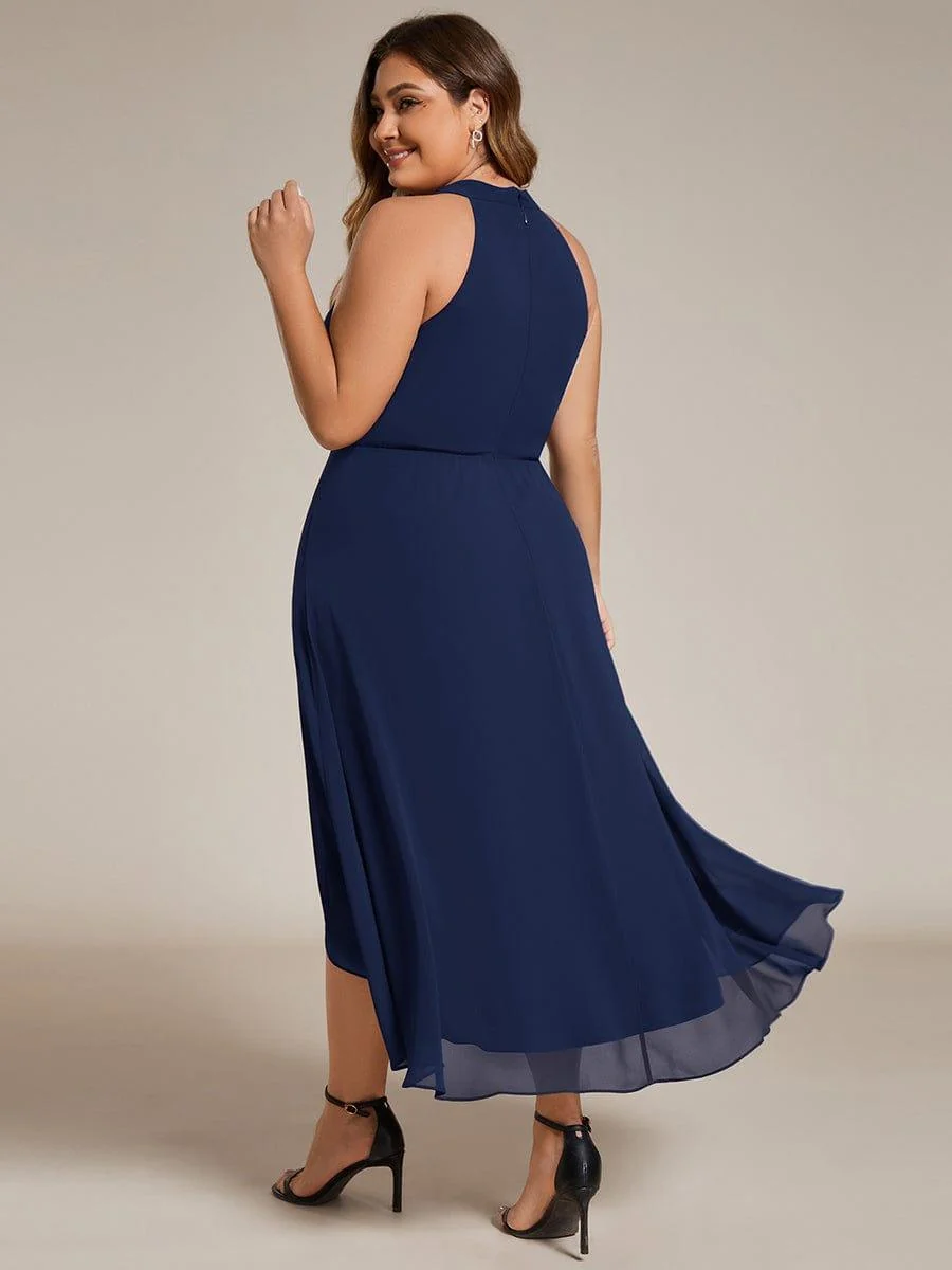 Damen Chiffon Midi-Kleid in A-Linie | Festliches Halterneck Kleid mit Plissee-Details | Sommerliches Kleid f��r Hochzeitsg?ste