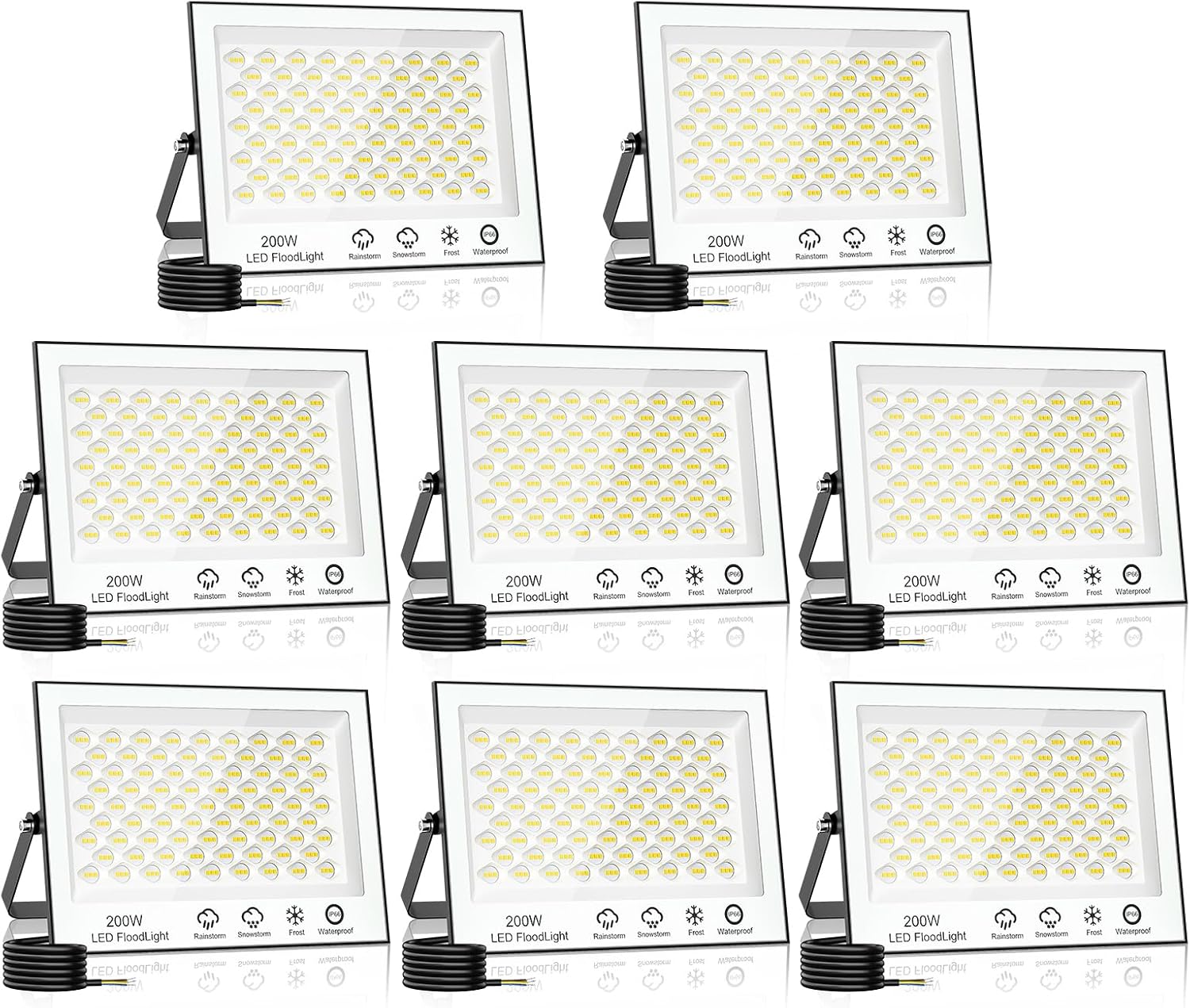 200W LED Strahler Außen, 20000LM Superhell, 6500K Kaltweiß Außenstrahler, IP66 Wasserfest Scheinwerfer für Hinterhof, Auffahrt, Garage, Flur, Garten - 8 Stück