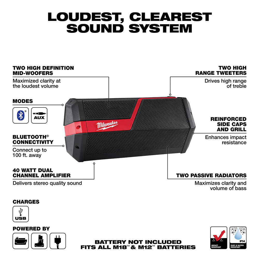2025 Milwaukee 2891-80 Draagbare Bluetooth Luidspreker M12/M18 12V/18V - Gereviseerd