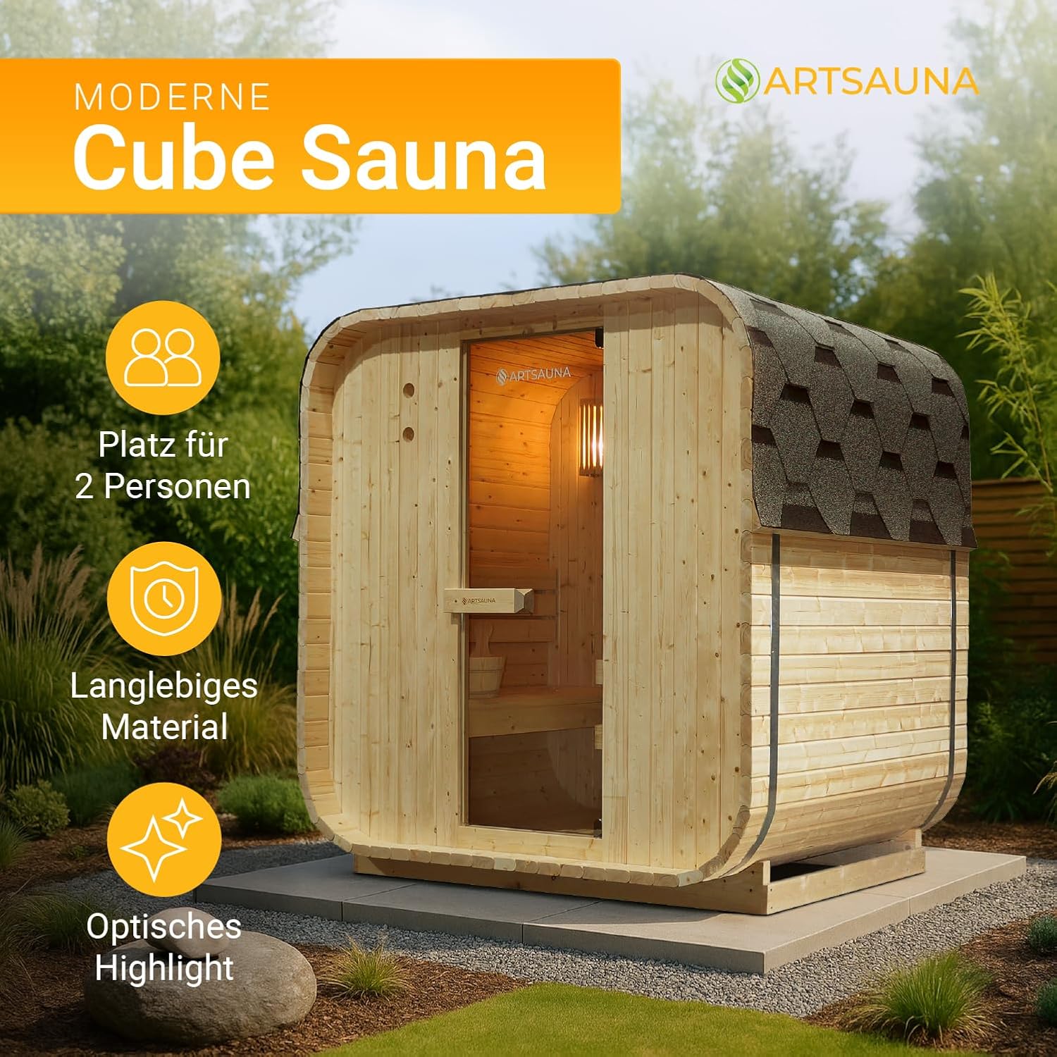 Artsauna Fasssauna Nolvik M, Outdoor-Sauna aus Fichtenholz, 3,6 kW Ofen, LED, Komplettset mit Sanduhr, Eimer & Thermometer, Winterfest, Cube Design
