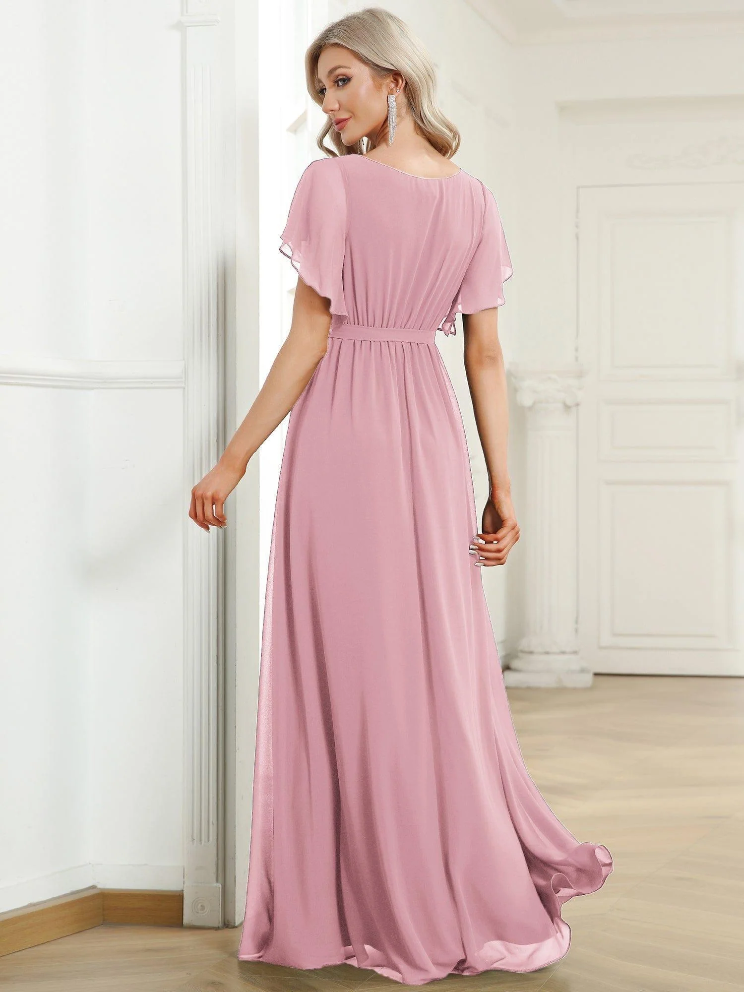 Abendkleid Damen Maxi A-Linie aus Chiffon | Festliches Kleid f��r Hochzeitsg?ste mit V-Ausschnitt und Fl��gel?rmeln