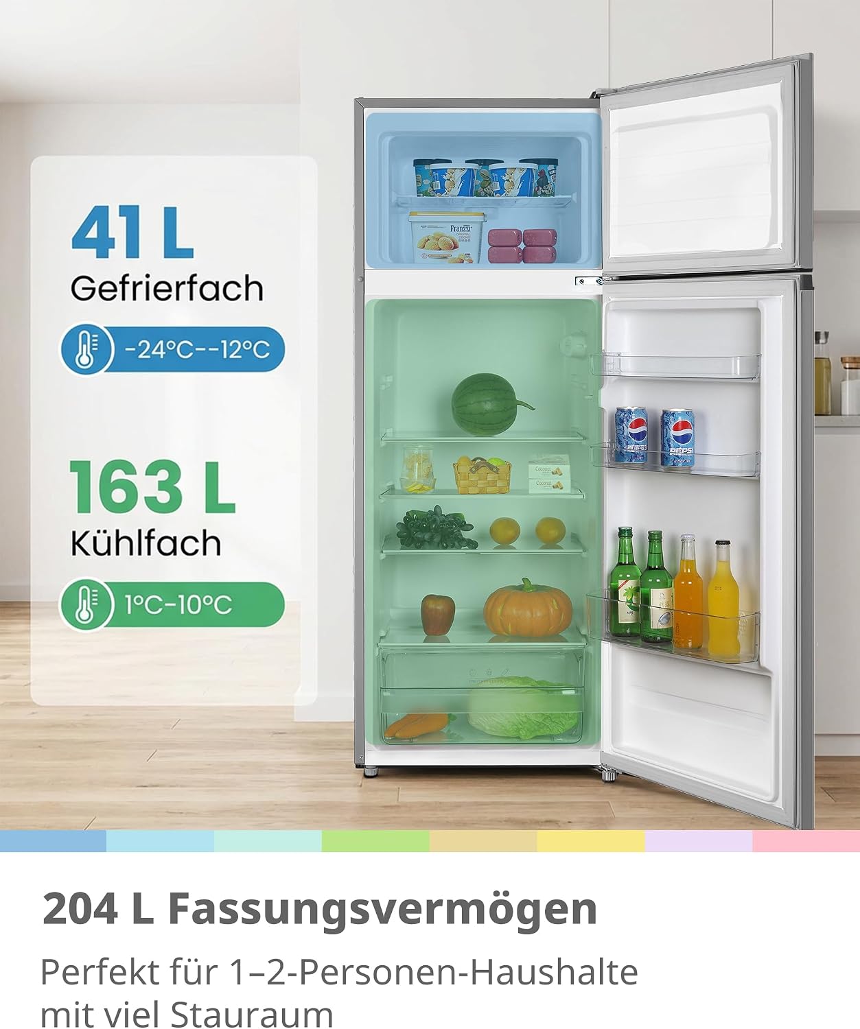 Comfee' Kühlschrank mit Gefrierfach | 204L Kühl-Gefrierkombination, 143 cm Höhe | 137 kWh/Jahr, Low Frost, Leise 39 dB, LED-Licht, Inverter Kompressor, Freistehend Silber RCT210DS3EU(E)