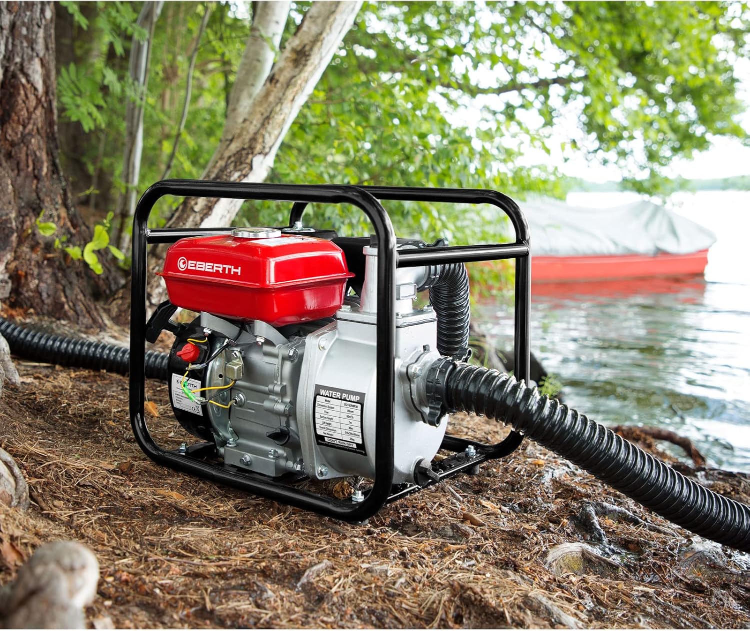 EBERTH 5,5 PK waterpomp met 30.000 l/u en 30 m opvoerhoogte, 2 inch aansluiting, tuin-/vuilwaterpomp met 4-taktmotor en 7 m aanzuighoogte, benzinepomp, trekstarter, metalen voet, handvat