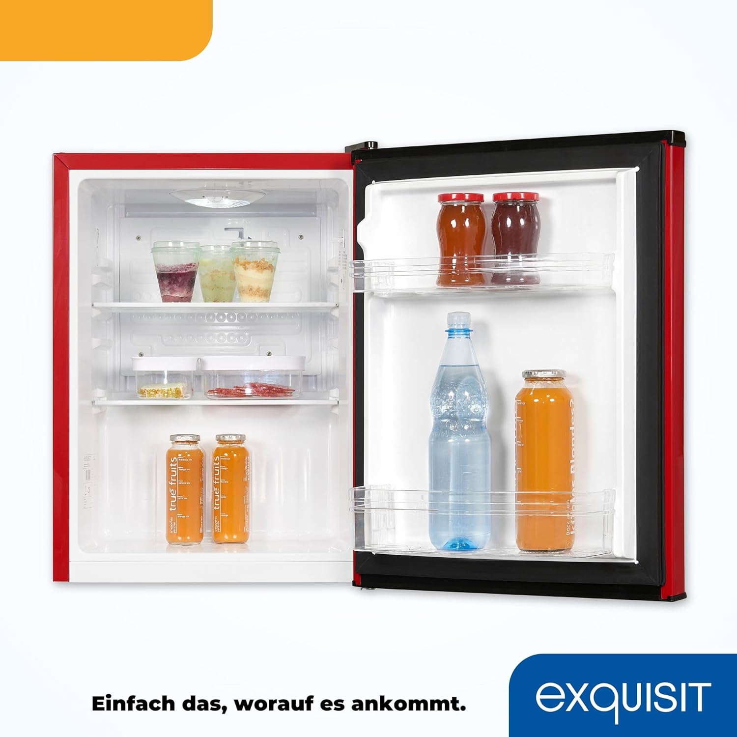 Exquisit Mini Kühlschrank KB60-V-090E rot | 52 l Nutzinhalt | LED-Innenbeleuchtung | Glasablagen | 45cm Breite