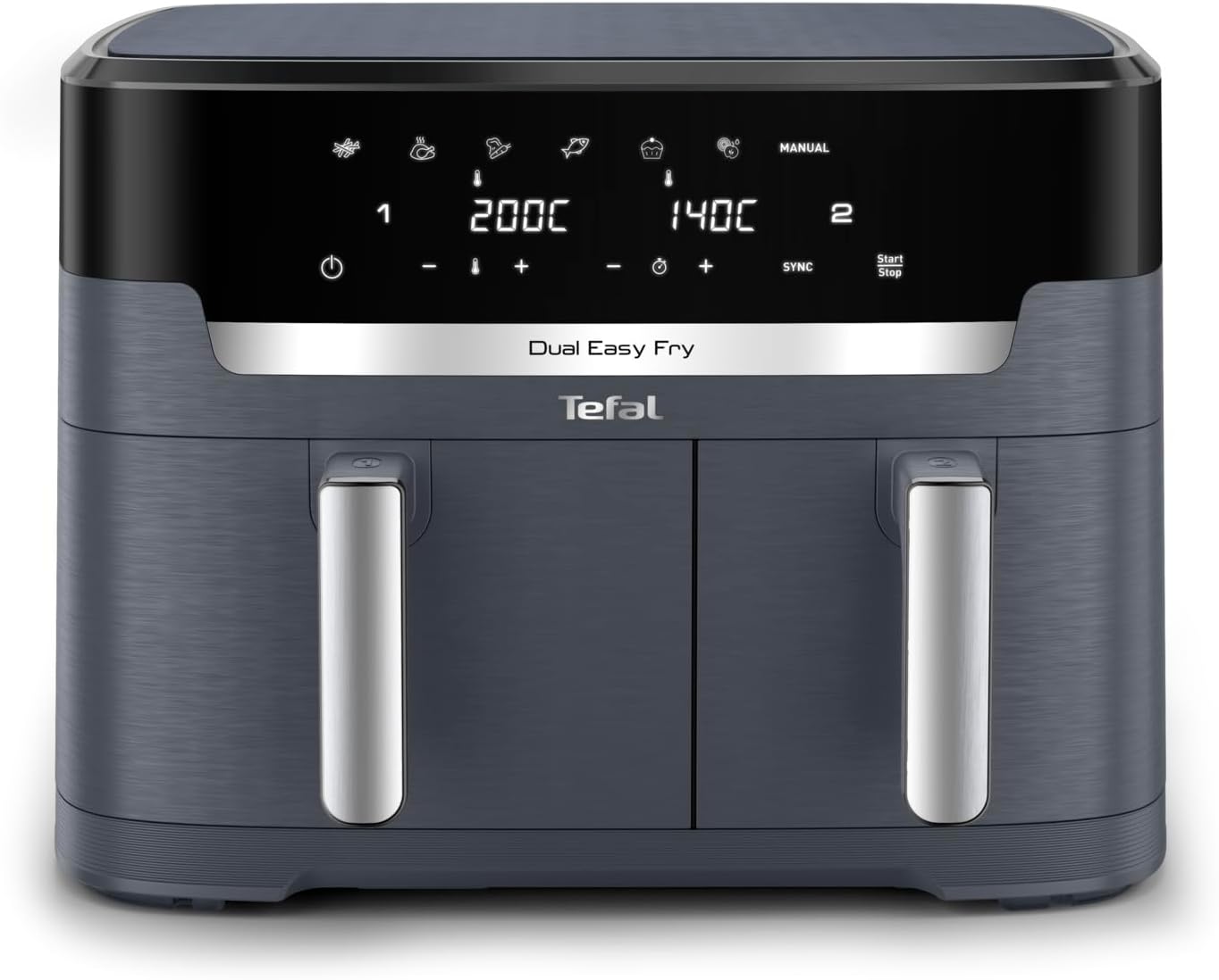Tefal Dual Easy Fry Heißluftfritteuse Doppelkammer, 5,2/3,1 L Fassungsvermögen, zwei unabhängige Schubladen, 7 automatische Programme, energiesparend, schwarz, EY9018