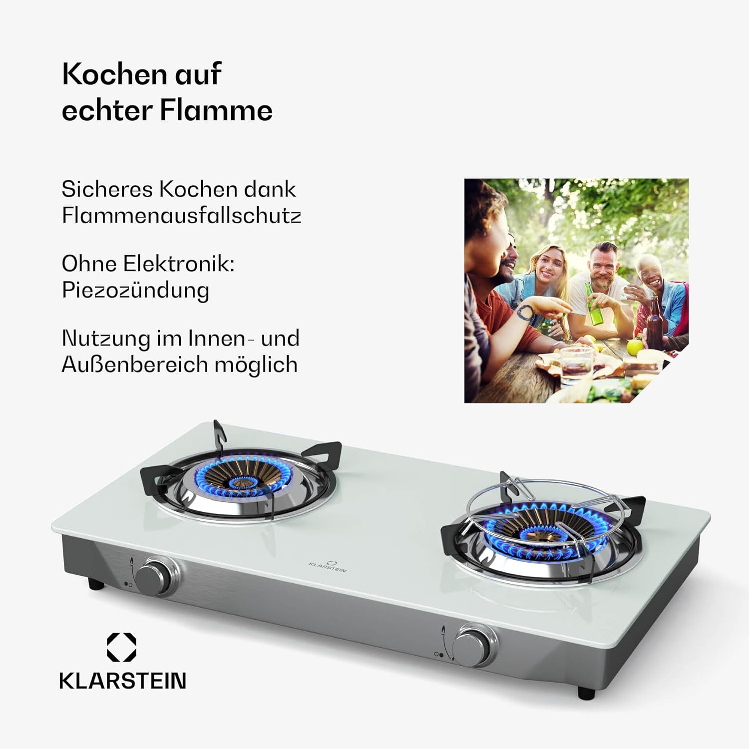 Klarstein Barzona Gaskochfeld, 2-Brenner Edelstahl & Glas, 7,7kW, Tragbarer Campingkocher mit Piezo-Zündung & Flammenausfallsicherung, Kompaktes und Tragbares Design, Weiß