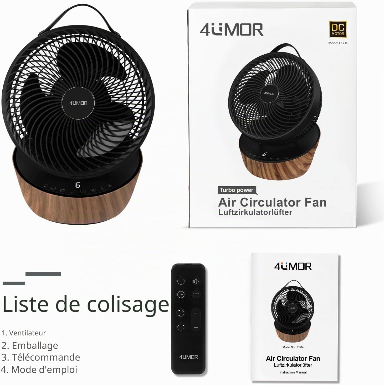 4UMOR Ventilateur Ultra Silencieux 20dB avec Télécommande 1823m³/h Moteur DC 12 Vitesses 8h Minuterie 3D Oscillation Turbo Ventilateur de Table Circulateur d’Air pour Bureau Chambre, Noir