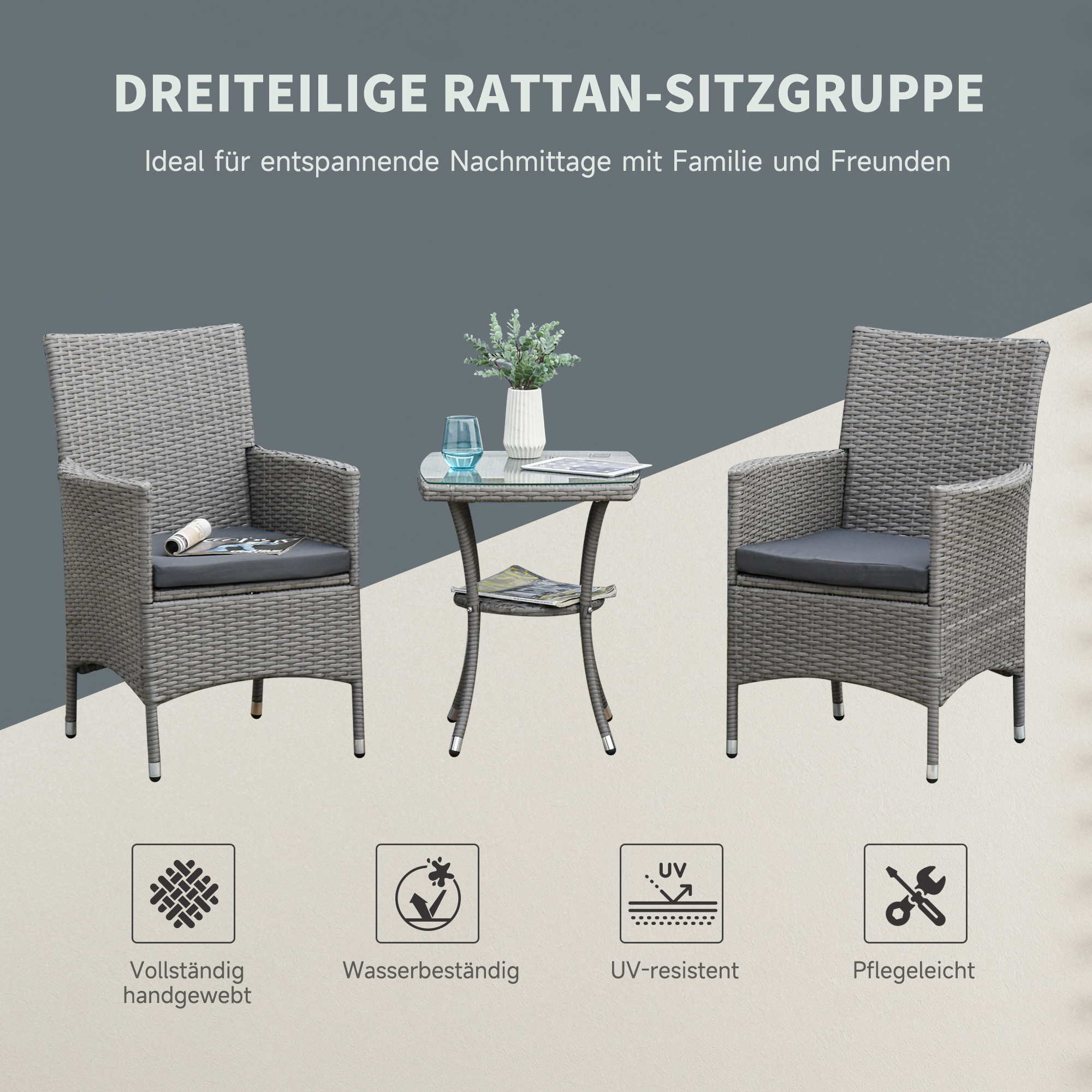 Outsunny 3-delige tuinzitgroep Zitset met bijzettafel poly-rotan staal grijs