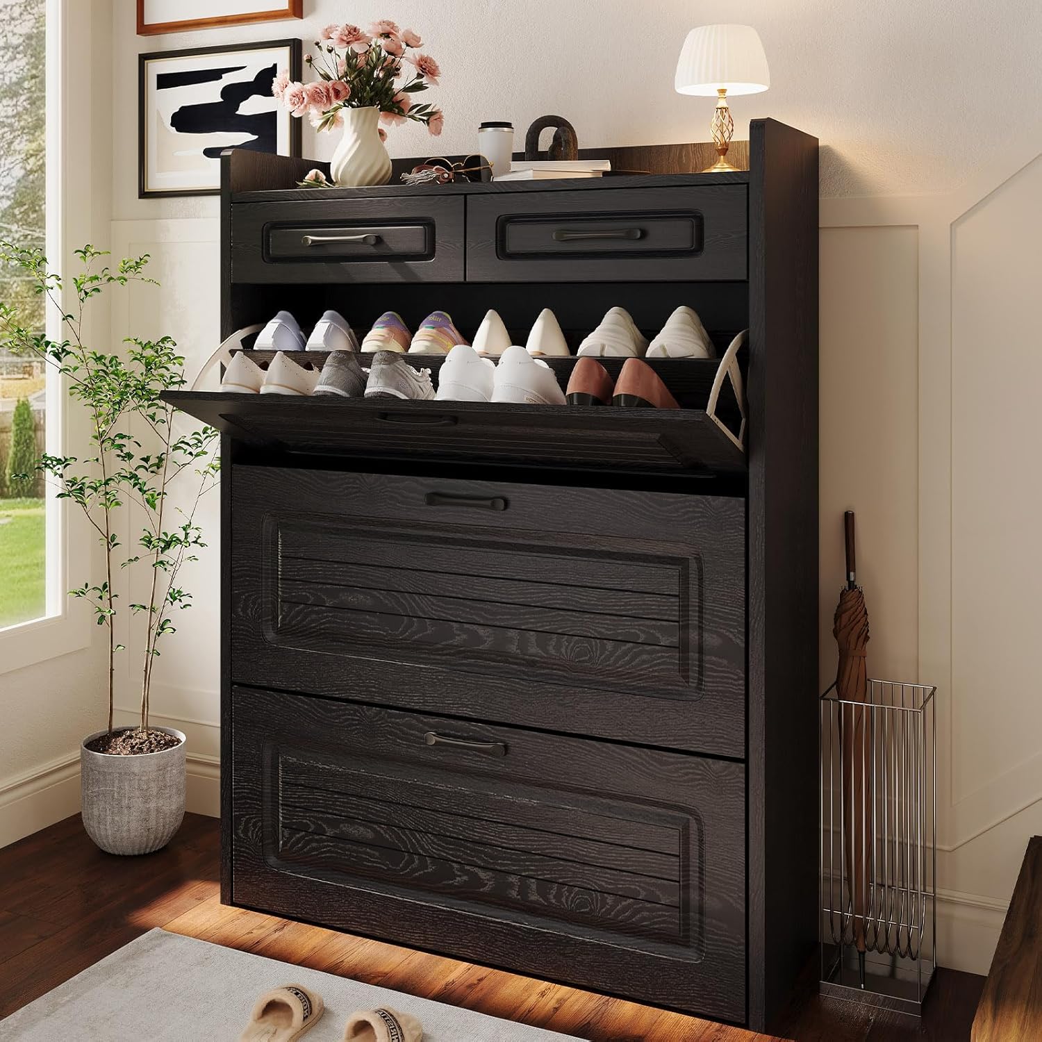 Shoe Cabinet with 3 Large Flip Drawers & 2 Storage Drawers, Narrow Shoe Organizer Cabinet Fits