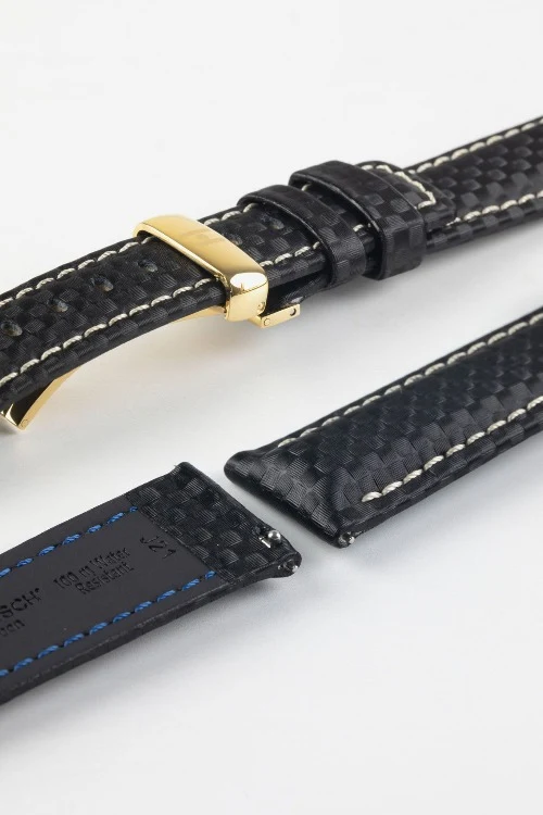 Hirsch CARBON Embossed Water-Resistant Leather Watch Strap in BLACK