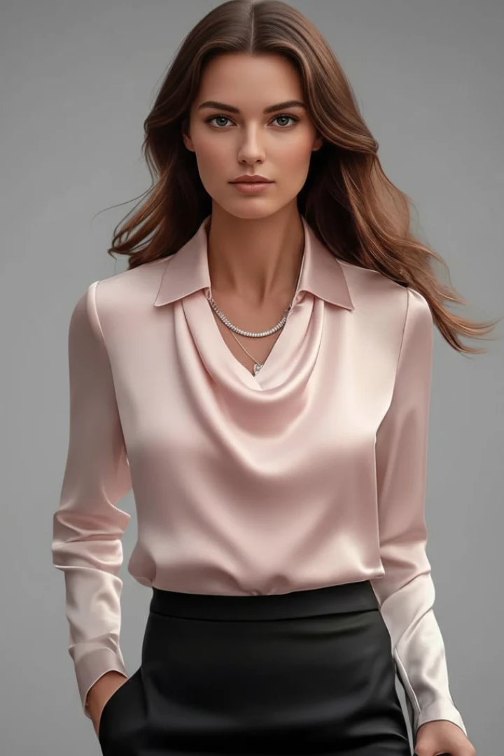 Satinbluse Damen mit Wasserfallausschnitt und Langarm | Elegante Bluse mit flie?endem Fall und geradem Schnitt f��r das Layering