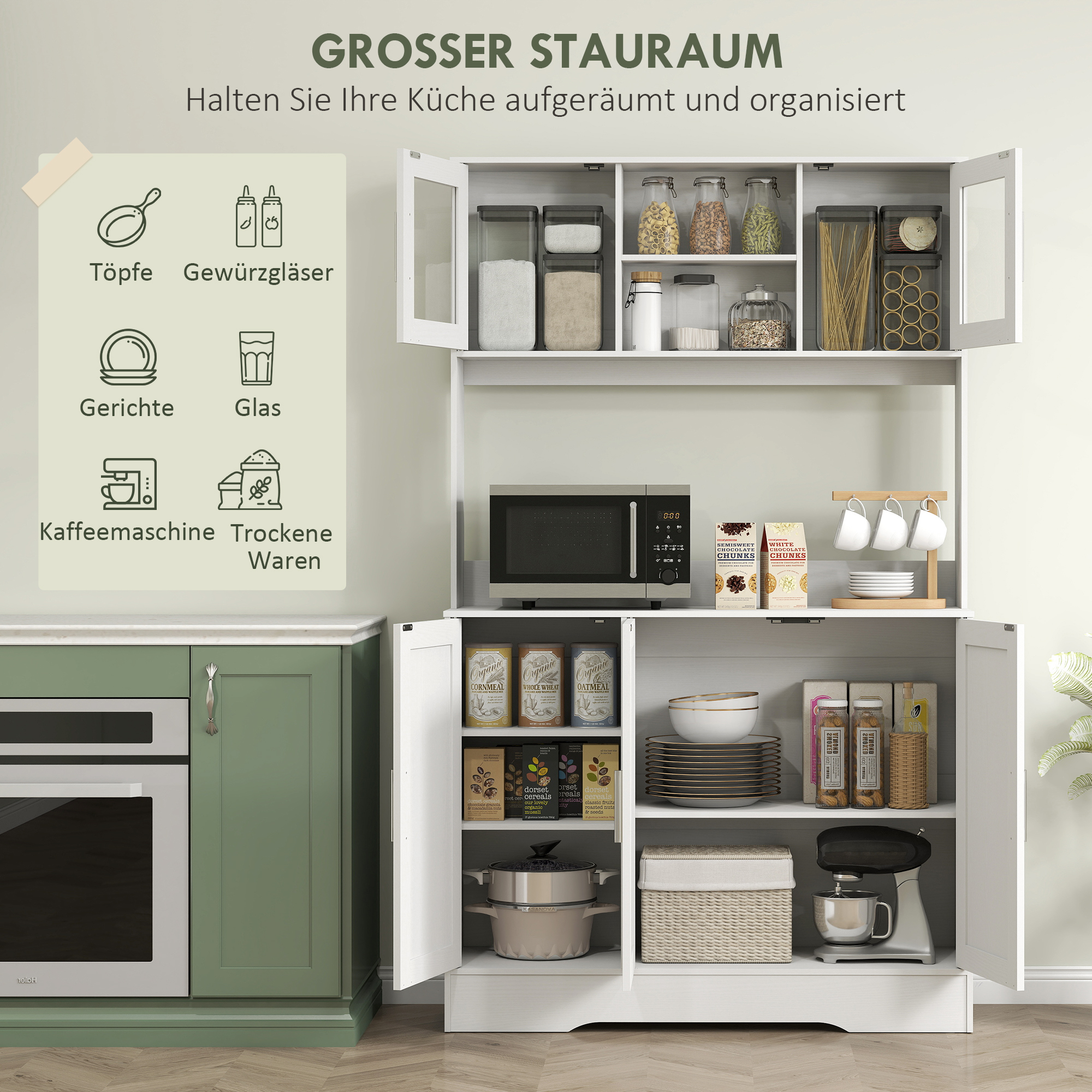 HOMCOM Keukenkast, Scandinavisch Design, 4 Kasten, Verstelbare Planken, Glazen Deuren, Open Vak, Spaanplaat, MDF, Wit