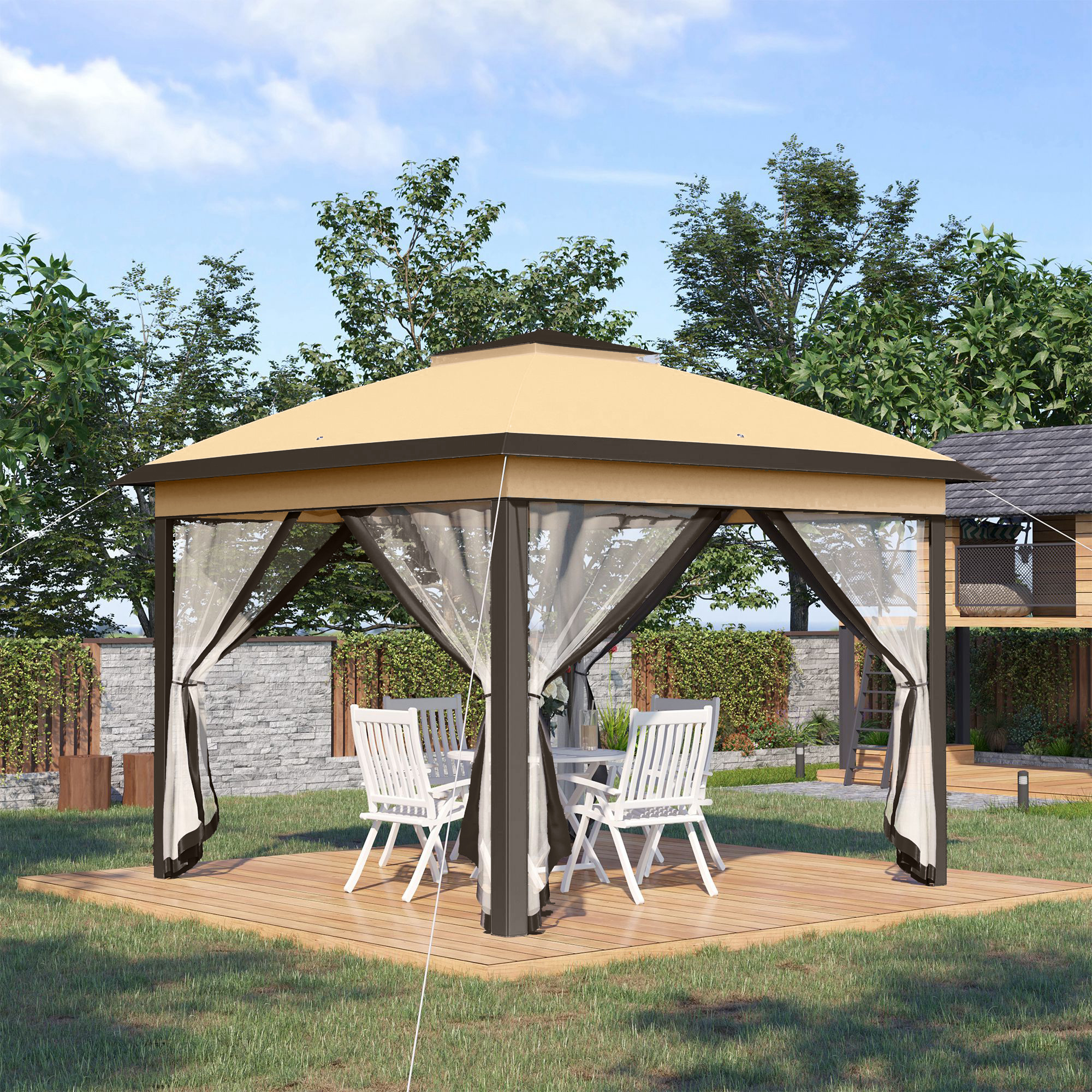 Opvouwpaviljoen, Tuinpaviljoen, Metalen en Stoffen Overkapping, Netgordijnen, Afvoergaten, 330L x 330B x 288H cm, Beige