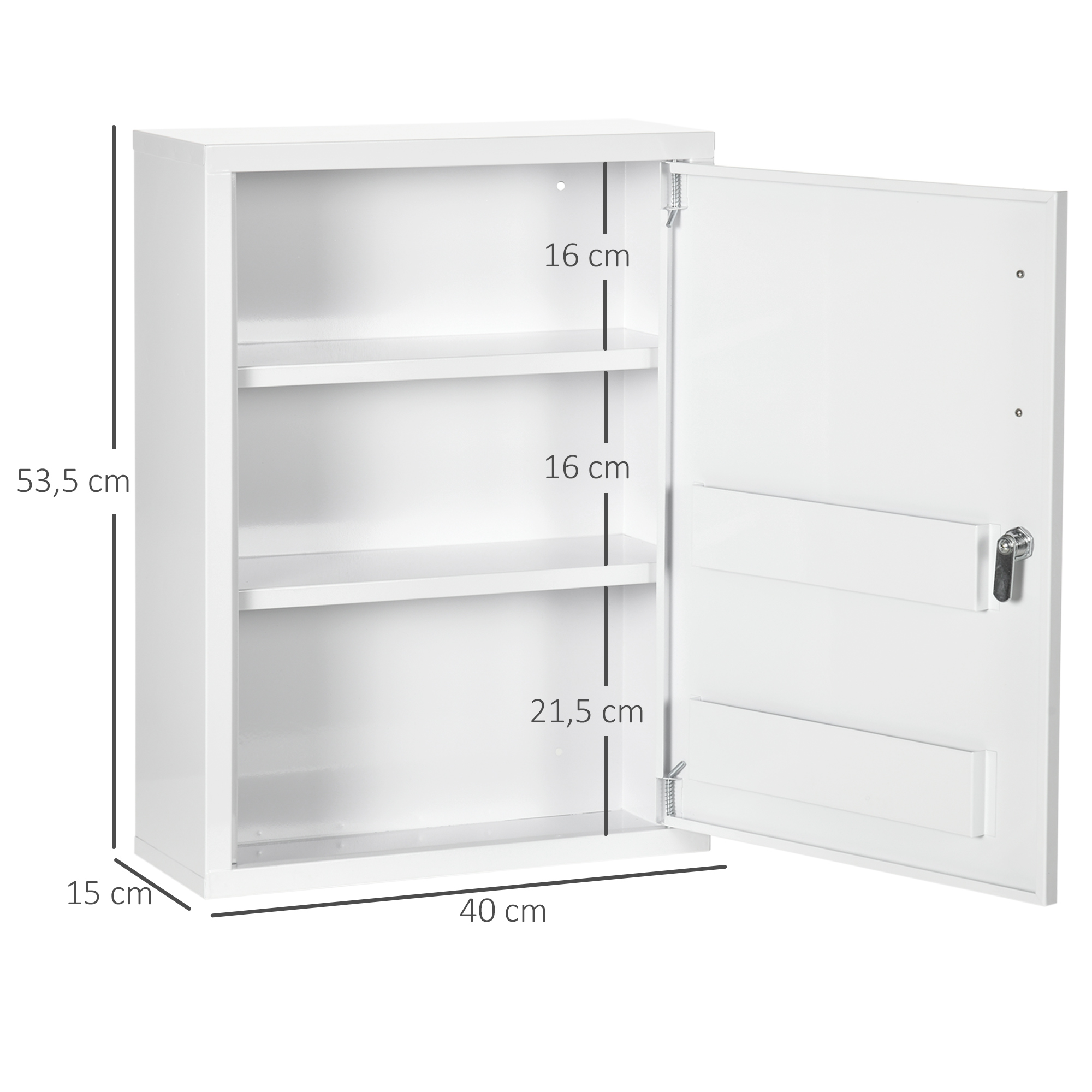 kleankin Medicijnkast, 3 Compartimenten, Afsluitbaar, met Receptenvak, Stevig Stalen Behuizing, Wit, 40 x 15 x 53,5 cm