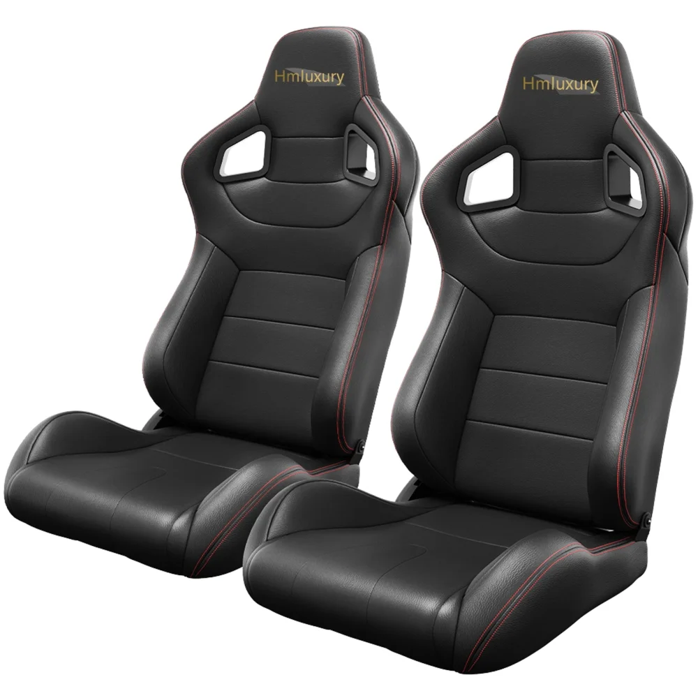 2025 Set van 2 Universele Racestoelen met Rode Stiksels, Rood PVC Kunstleer, Rugleuning met Carbon Afwerking, Verstelbaar en Reclinable (Bevestigingsbeugels niet inbegrepen) ?C Verpakking met 2 Stuks