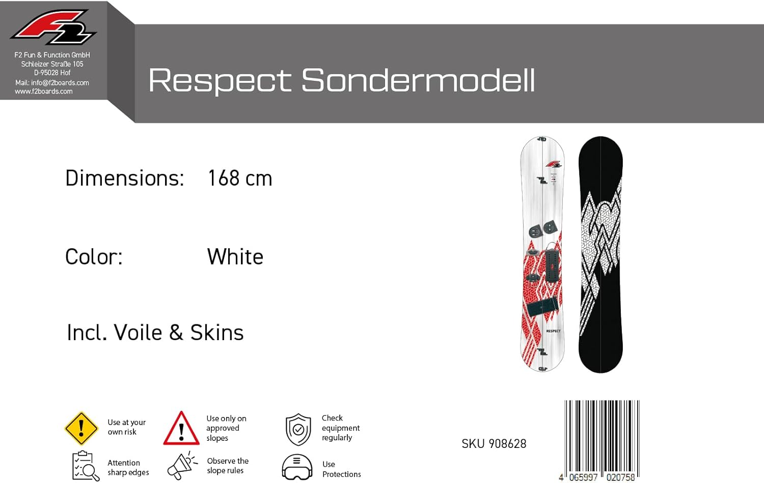 F2 Snowboard Respect + Voile & Skins 168cm Splitboard Weiss – Sale