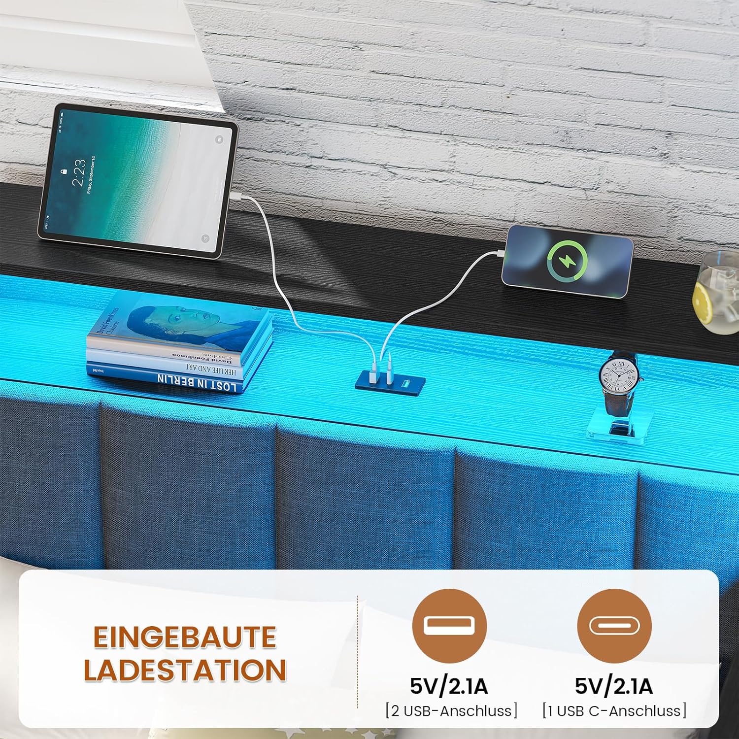 Polsterbett Schlafsofa 90x190 mit LED-Beleuchtung, Ladestation, Tagesbett, Jugendbett mit 2 Schubladen und Lattenrost aus Metall, Kopfteil mit Stauraum, Offene Regale, Schrank, Schwarz