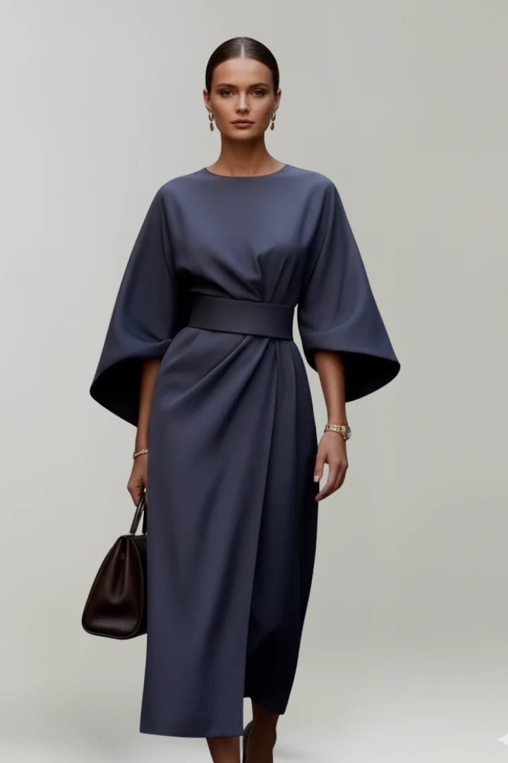 Damen Midi-Kleid mit Tailleng��rtel und weiten ?rmeln | Wadenlanges Kleid mit Rundhalsausschnitt und geradem Schnitt