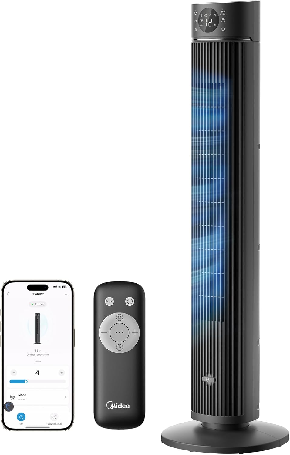 Midea FZ10-26ARDW Smart Leiser Turmventilator mit Fernbedienung, 19 dB Flüsterleise, DC-Motor, 4 Modi & 12 Stufen, 24h Timer, App-Steuerung für Schlafzimmer, Wohnzimmer & Büro, Schwarz, 105cm