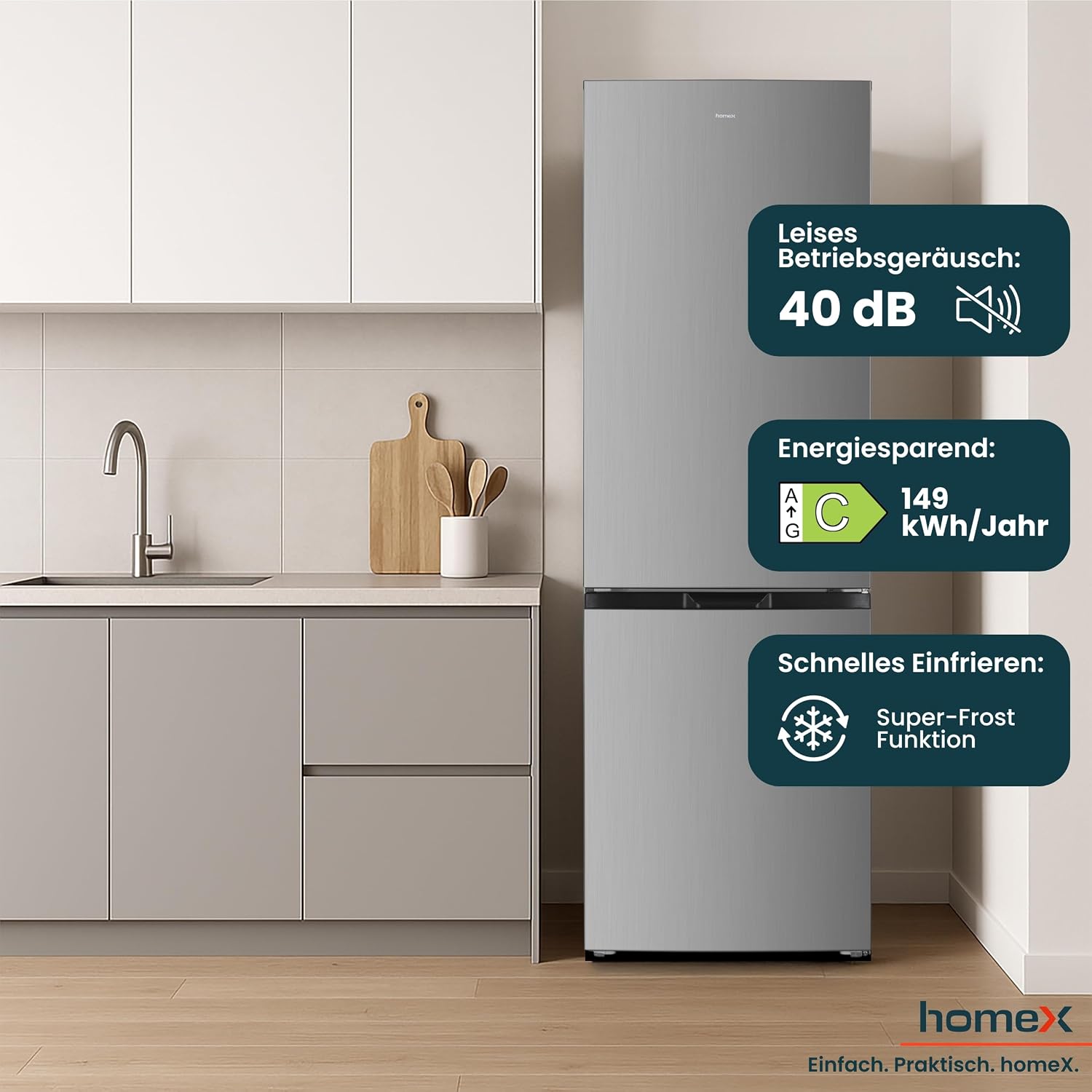 homeX Kühlschrank mit Gefrierfach, Kühl-Gefrier-Kombination freistehend, groß - 315 Liter, 4-Sterne Gefrieren, Super-Frost-Funktion, leise, EEK C, XXL Kühl Gefrierkombination silber, CFS3151C-S