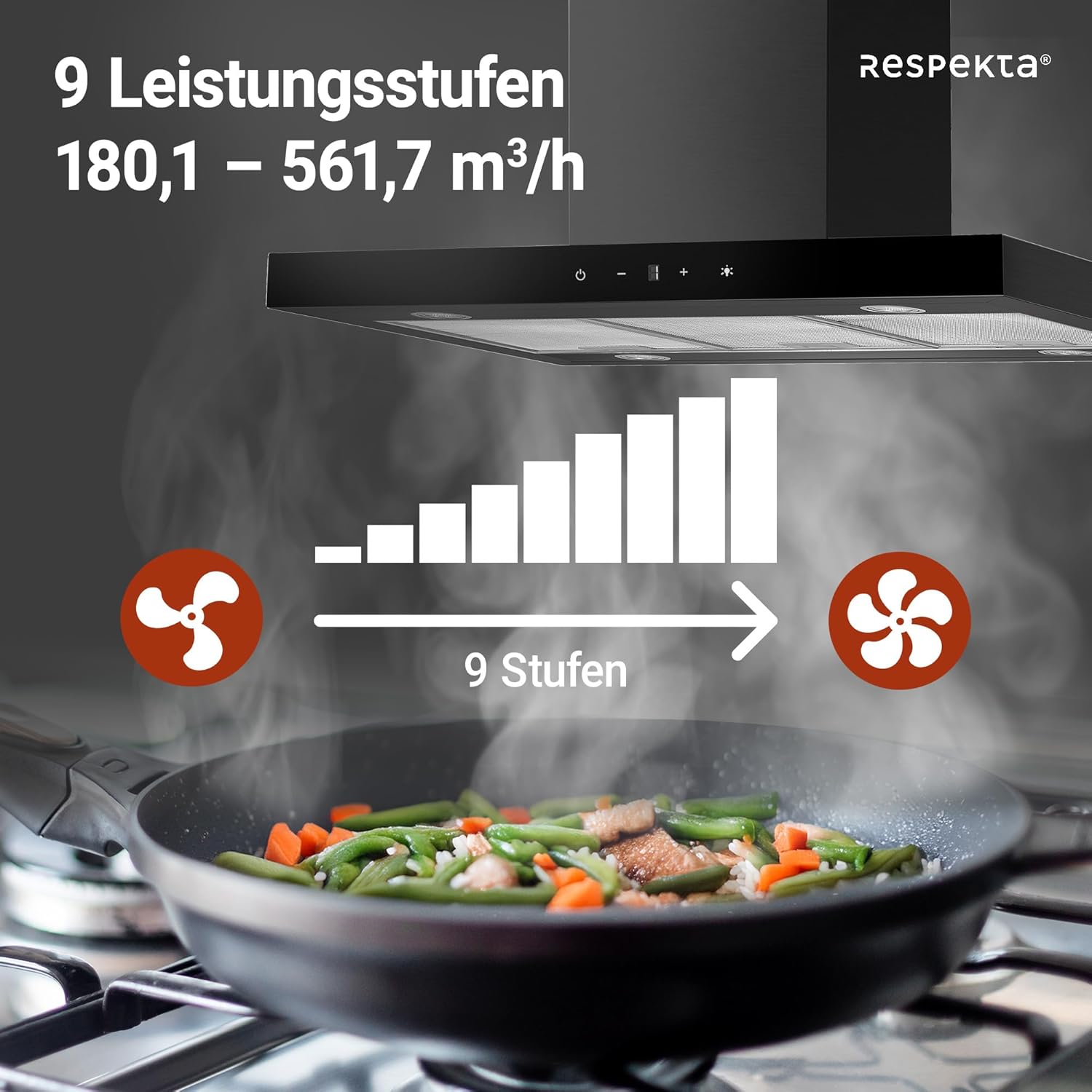 Respekta Cara Inselhaube/Dunstanzugshaube in Schwarz-Matt mit Glasfront/Haube 90 cm / 9 Leistungsstufen/Touch Control / CH44199GISS-20 / A+