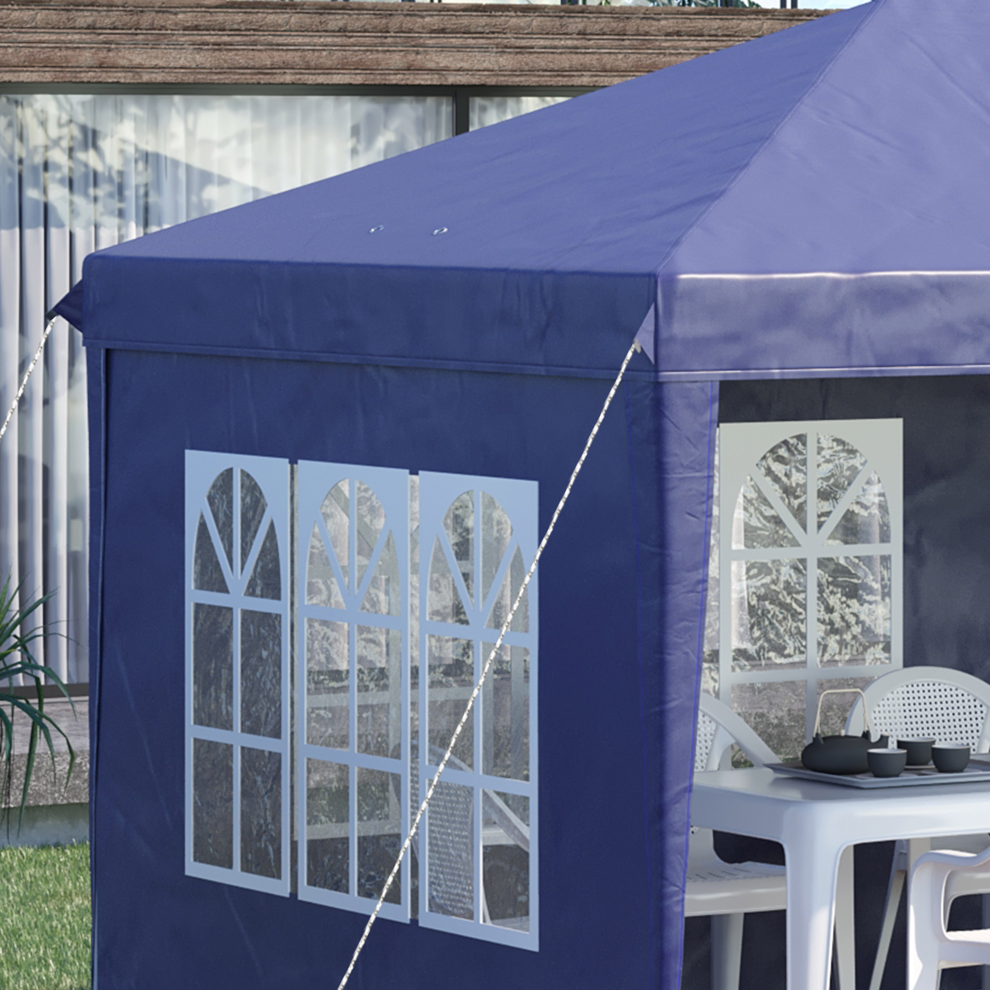 Opklapbare tuinpaviljoen van 6 x 3 m, halfopen, verwijderbare zijwanden, grote ramen, draagtas, stalen frame, blauw