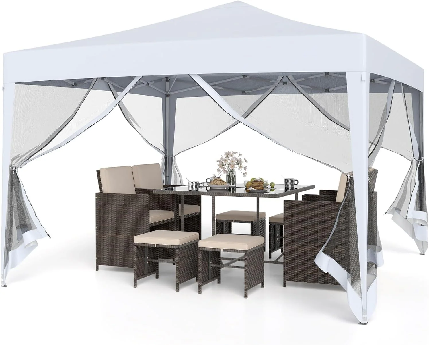 Goplus 10 FT x 10 FT Pop-Up Canopy Tent. Easy Setup Instant Folding Shelter w/Mesh Netting. Carry Bag. 8 Stakes & 4 Ropes. Height Adjustable Sunshade. Commercial Tent for Camping (Coffee)