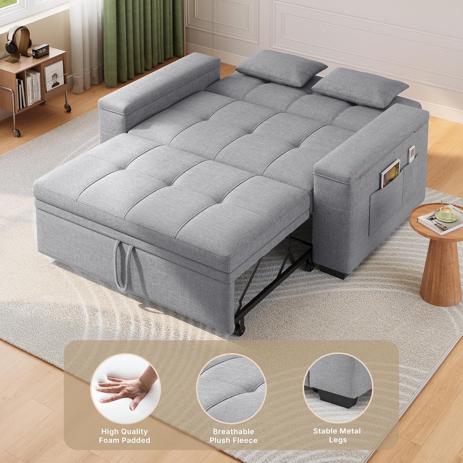 Xbro 3-in-1 Schlafsofa ausziehbar, 2-Sitzer Sofa mit Schlaffunktion, verstellbare Rückenlehne, Leinenstoff mit 2 Kissen und Seitentaschen, für Wohnzimmer, Schlafzimmer oder Büro, Hellgrau