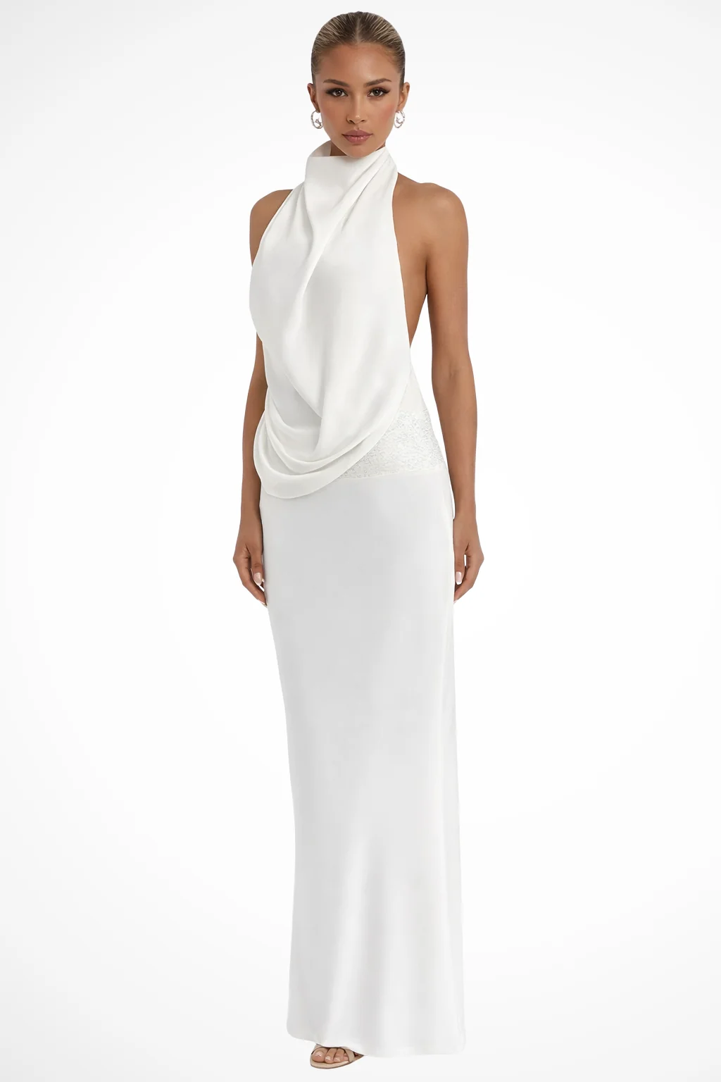 Halterneck Maxikleid aus Satin f��r Damen | Elegantes Abendkleid mit R��ckenausschnitt und Drapierung f��r Hochzeitsg?ste