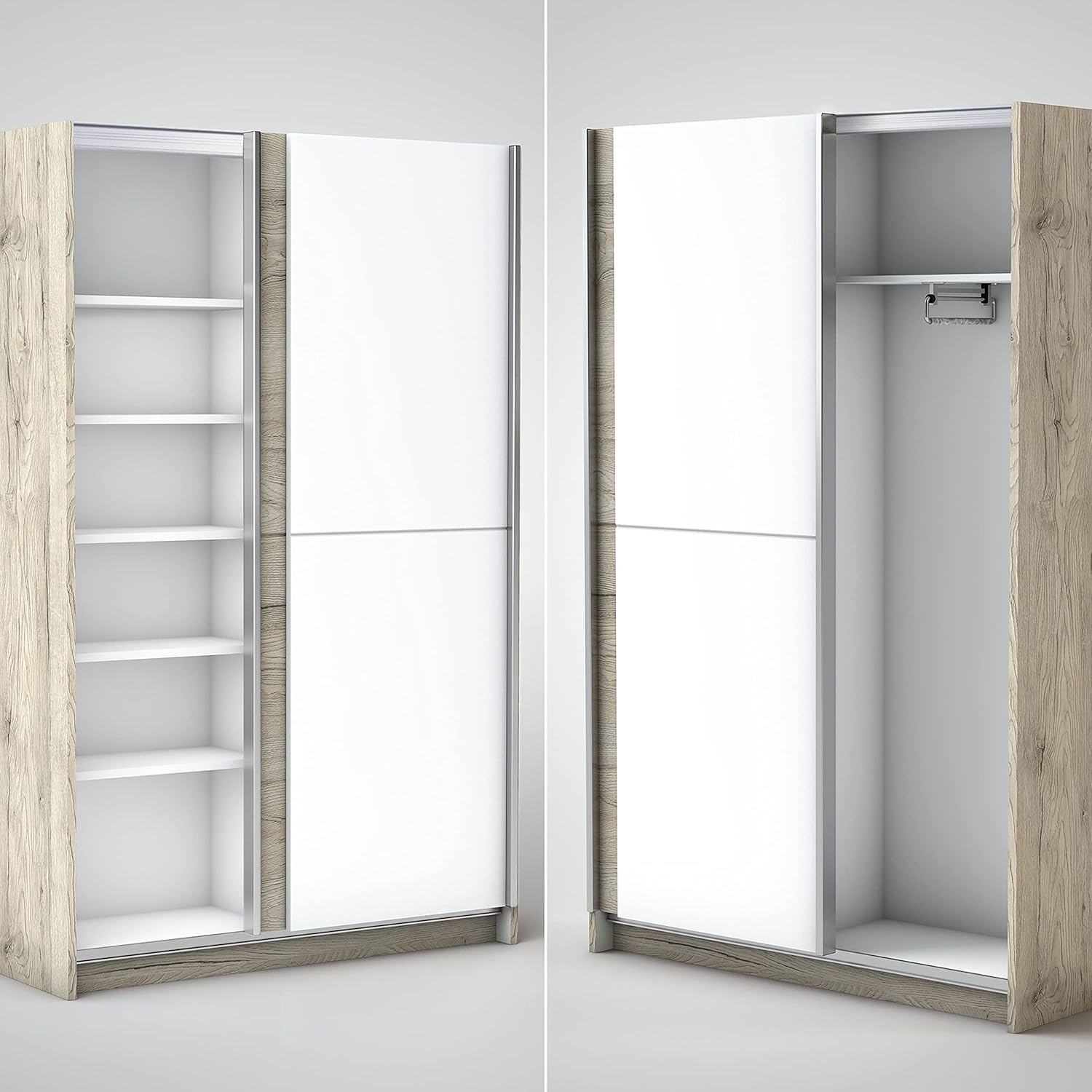Stella Trading FAST Eleganter Kleiderschrank / Garderobenschrank mit viel Stauraum - Vielseitiger Schwebetürenschrank in San Remo Optik, weiß - 125 x 195 x 38 cm (B/H/T)