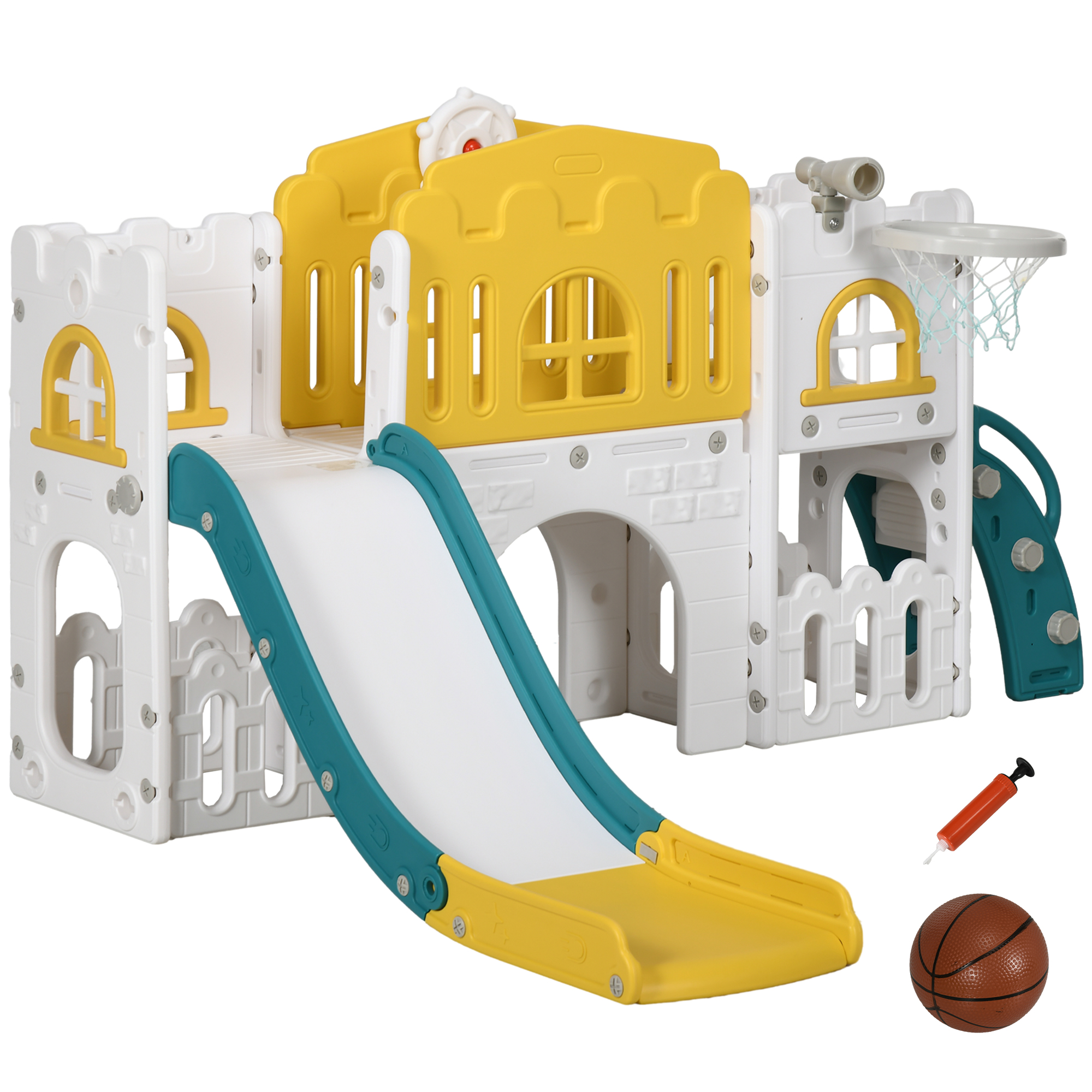 AIYAPLAY Peuterglijbaan, 7-in-1 Speeltoestel, met Basketbal & Stuurwiel, voor 1-3 Jaar, 178x177x99cm, Geel/Wit/Groen