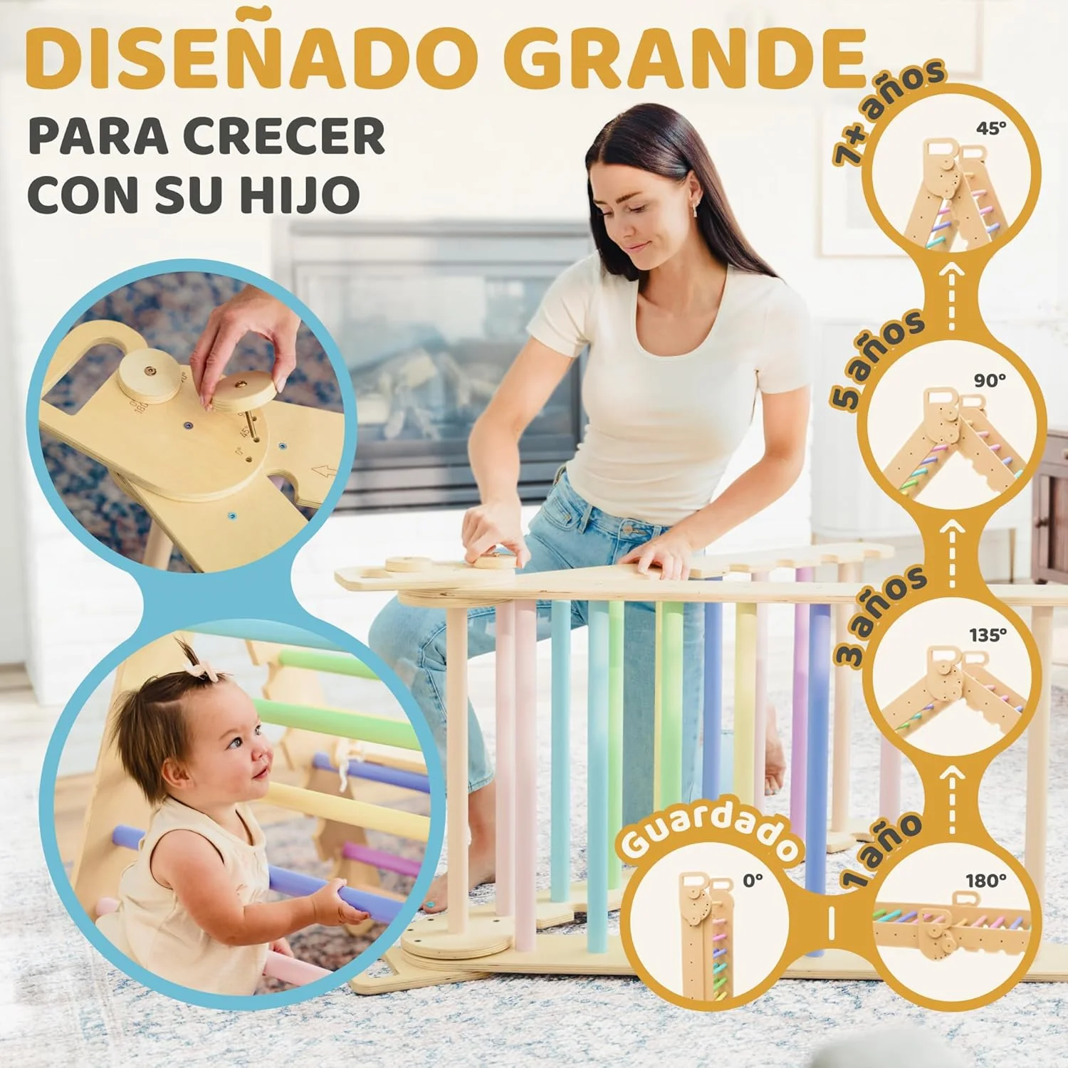 9en1 Montessori triangulo pikler Grande de 1 a 7+ años, 5 ángulos Ajustables, Parque Infantil Exterior y Interior en Madera para la Escalada con Arco pikler y rampa Pickler para niños