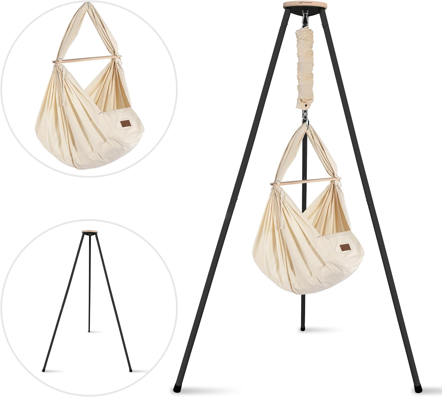 SCHMUSEWOLKE Federwiege - Set mit Tipi-Gestell Anthrazit - Hängematte für Babys und Kleinkinder ab Geburt bis 3 Jahre - Bio-Baumwolle - Mit Schafwoll-Matratze