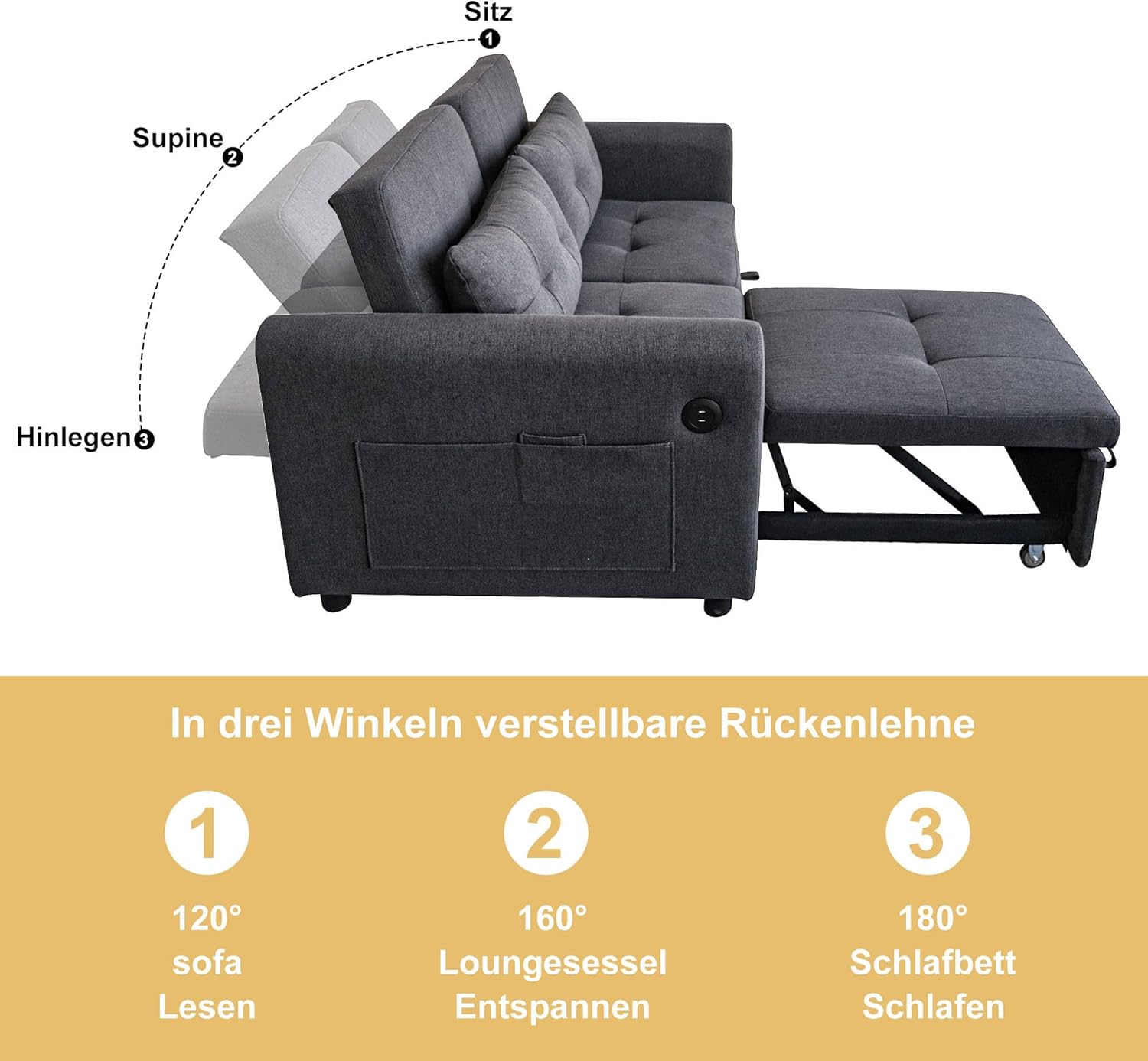 Modernes Doppel-Klappschlafsofa, 2-Sitzer Ausziehsofa mit Schlaffunktion, mit verstellbare Rückenlehne&Armlehnentaschen und Kissen, USB-Ladeanschluss, für Wohnzimmer Schlafzimmer Büro (Grau C)