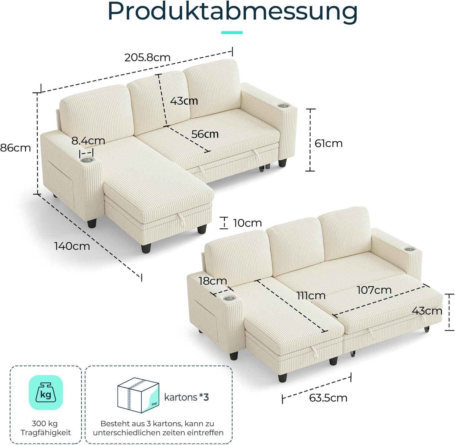 LINSY HOME Schlafsofa Ausziehbarer Couch, Ecksofa mit Schlaffunktion, Stauraum, Cord-Bezug L-Form Modulare Sofas mit Chaiselongue für Wohnzimmer und Wohnungen (Beige, L-Form)