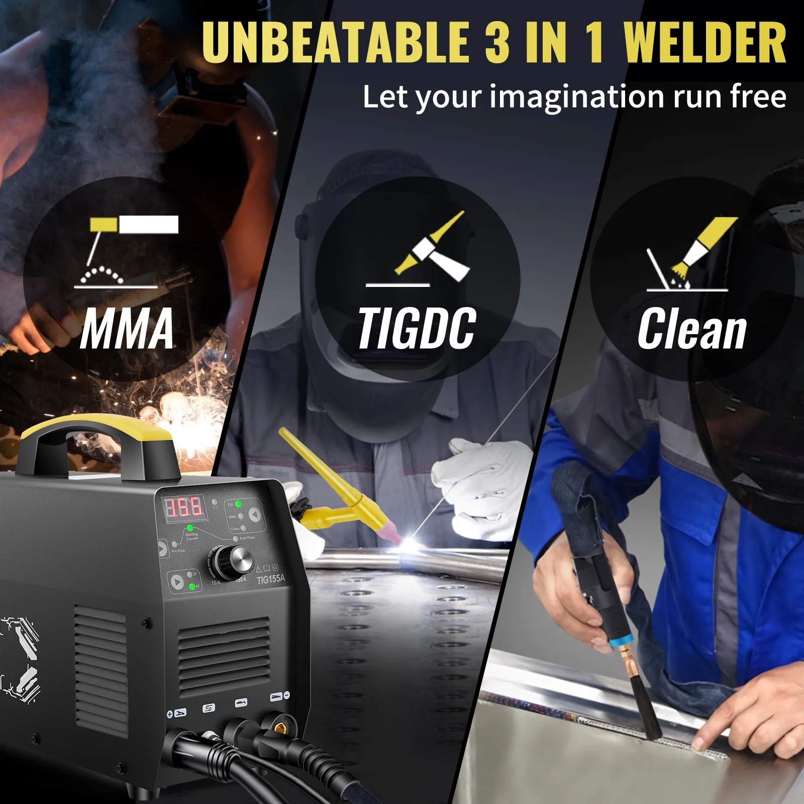 SKYSHALO 155 Amp��re 3-in-1 TIG-lasapparaat, 110 V Hoogfrequentie TIG/Stick/Clean lassen met IGBT-omvormer, digitaal booglasapparaat met brander, geschikt voor ijzer, zacht staal, koper en nikkel