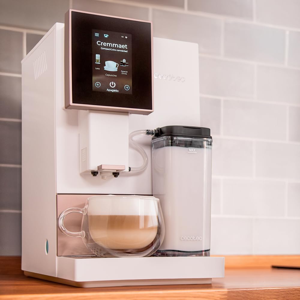 Cecotec Kompakte Superautomatische Kaffeemaschine mit Wifi Cremmaet Compactccino Connected Black Rose. 1350W, 19 Bar, TFT-Bildschirm und APP, Mahlwerk, Milchtank 400 ml und 1 Liter Wasser