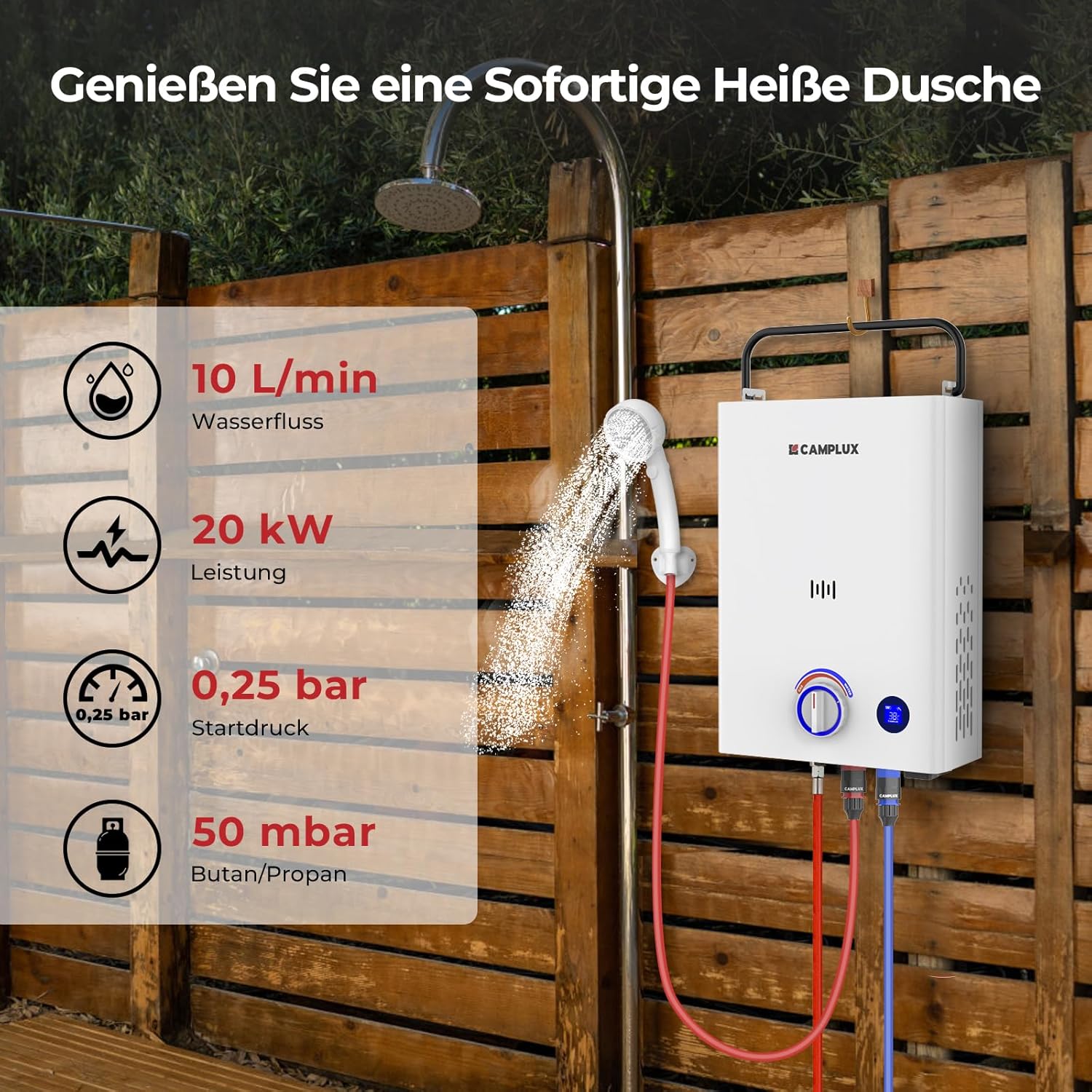 CAMPLUX 10 Liter Gasdurchlauferhitzer mit 3-stufig Verstellbarem Griff F10-DE, LPG, 50mbar, für Campingdusche/Wohnmobilausflug, Serie First