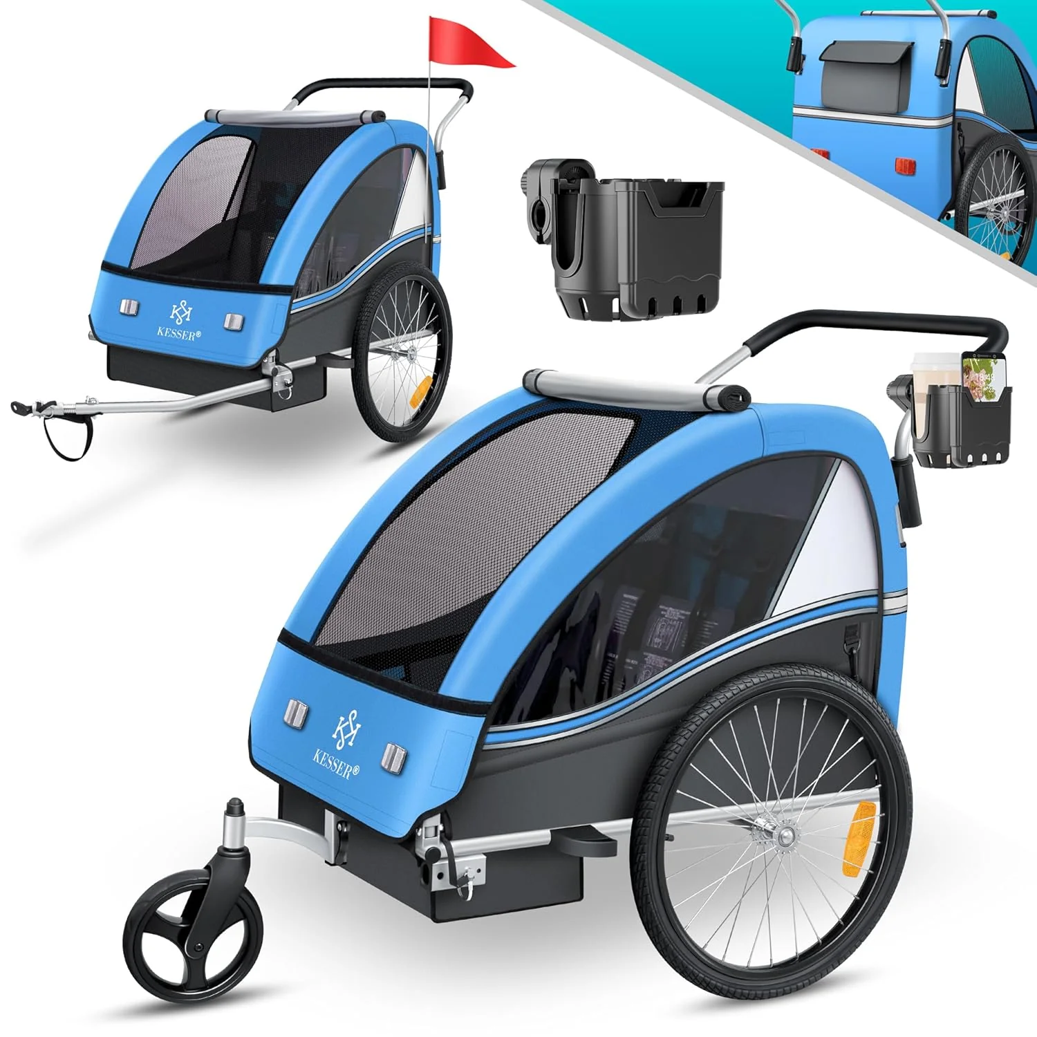 KESSER Kinderfahrradanh?nger Sport-RX 2in1 Jogger & Buggy 5-Punkt-Gurt Sicherheitsgurt 360�� Vorderrad Kinderfahrradanh?nger Reflektoren f��r 1-2 Kinder (max. 40 kg) Getr?nkehalter & Smartphonefach