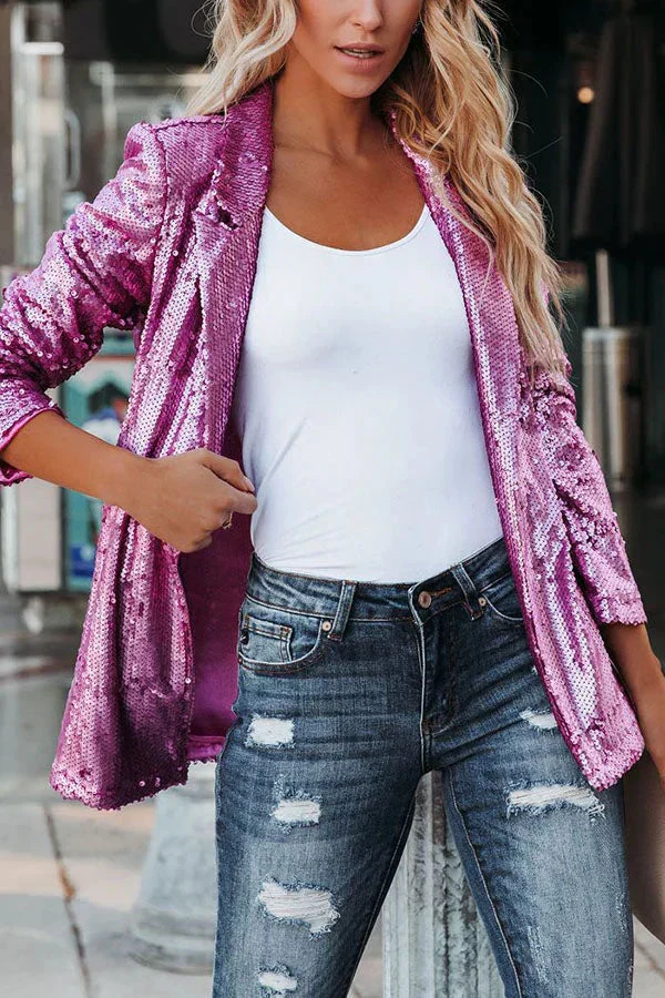 Glitzernder Pailletten-Blazer mit Revers f��r Damen - Elegante Party-Oberbekleidung