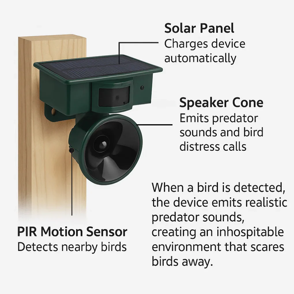 BirdShield Solar Motion Sensor Deterrent – Sound Scarer for Crows & Pigeons