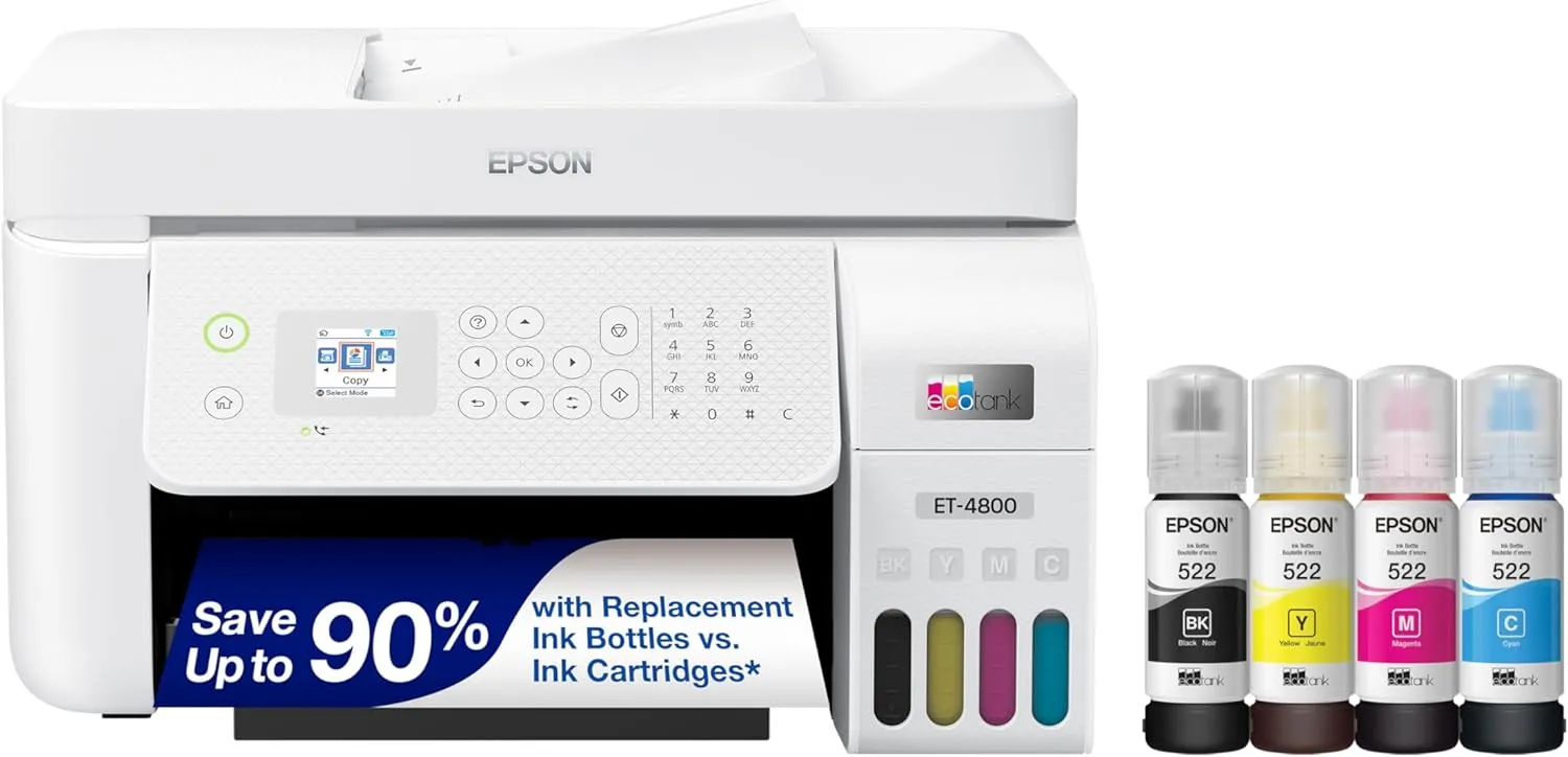 ET-4800 Wireless All-in-One Cartridge-Free Supertank Printer with Scanner, Copier, Fax, ADF and Ethernet ?C Ideal-for Your Home Office, White