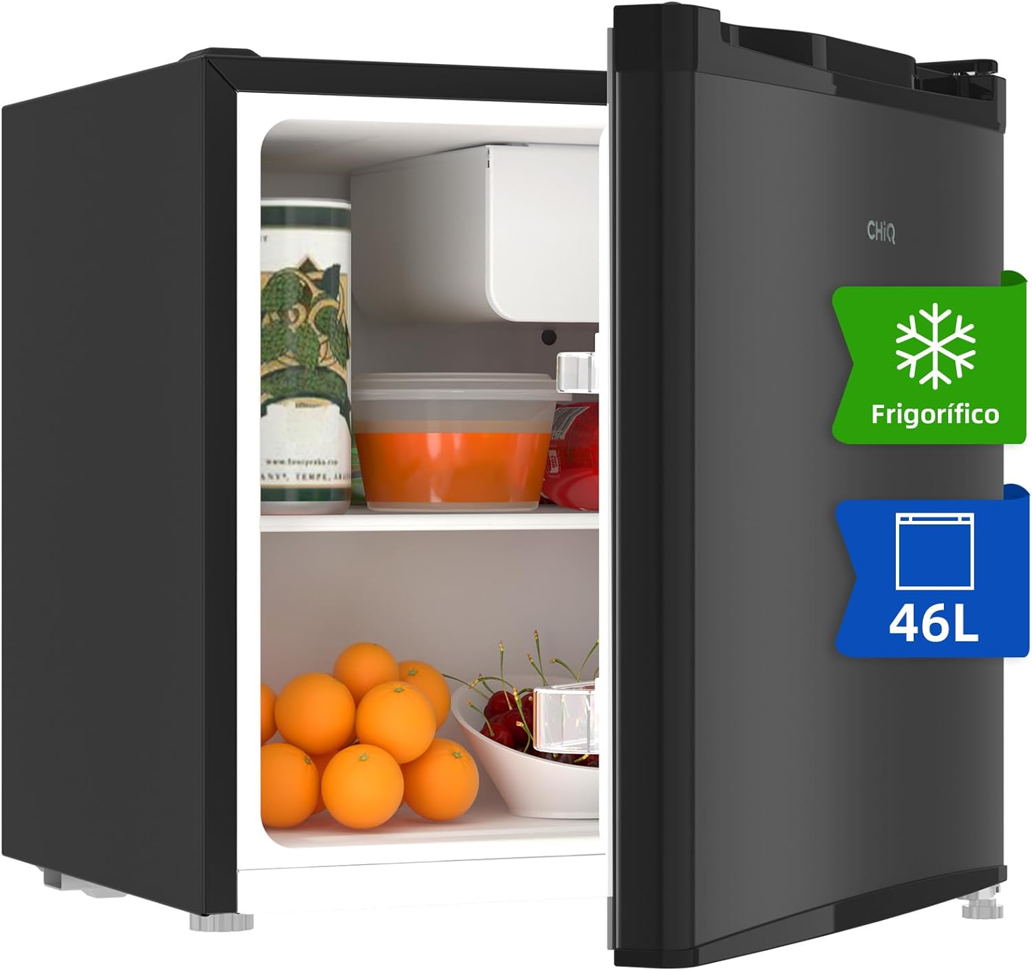 CHIQ Frigorífico Minibar capacidad 46L, Compresor incorporada, Botellero y Compartimiento Congelador, Control de Temperatura regulable, Bajo Nivel de ruido, Puerta Reversible, Color Negro