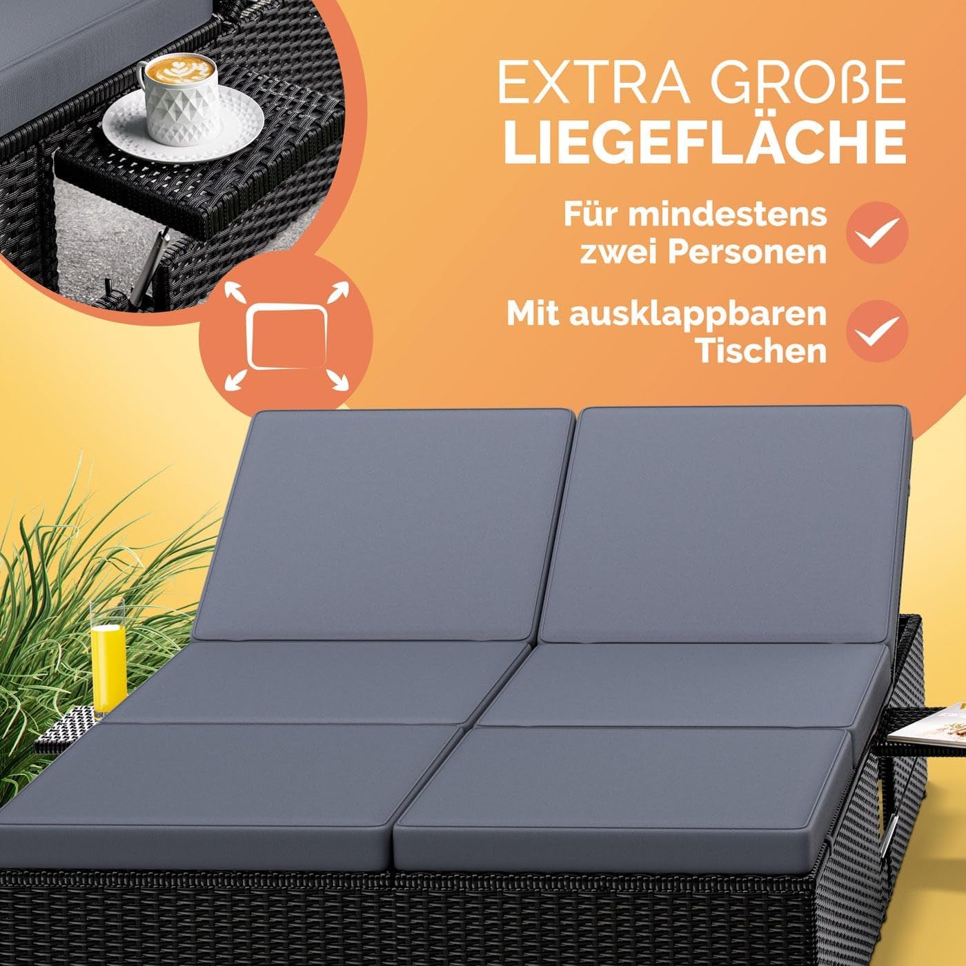 Casaria® Sonnenliege 2 Personen mit Klapptisch Gartenliege 7cm Auflagen Wetterfest 400kg Belastbar Liegestuhl Verstellbar Schwarz Anthrazit 200x115cm